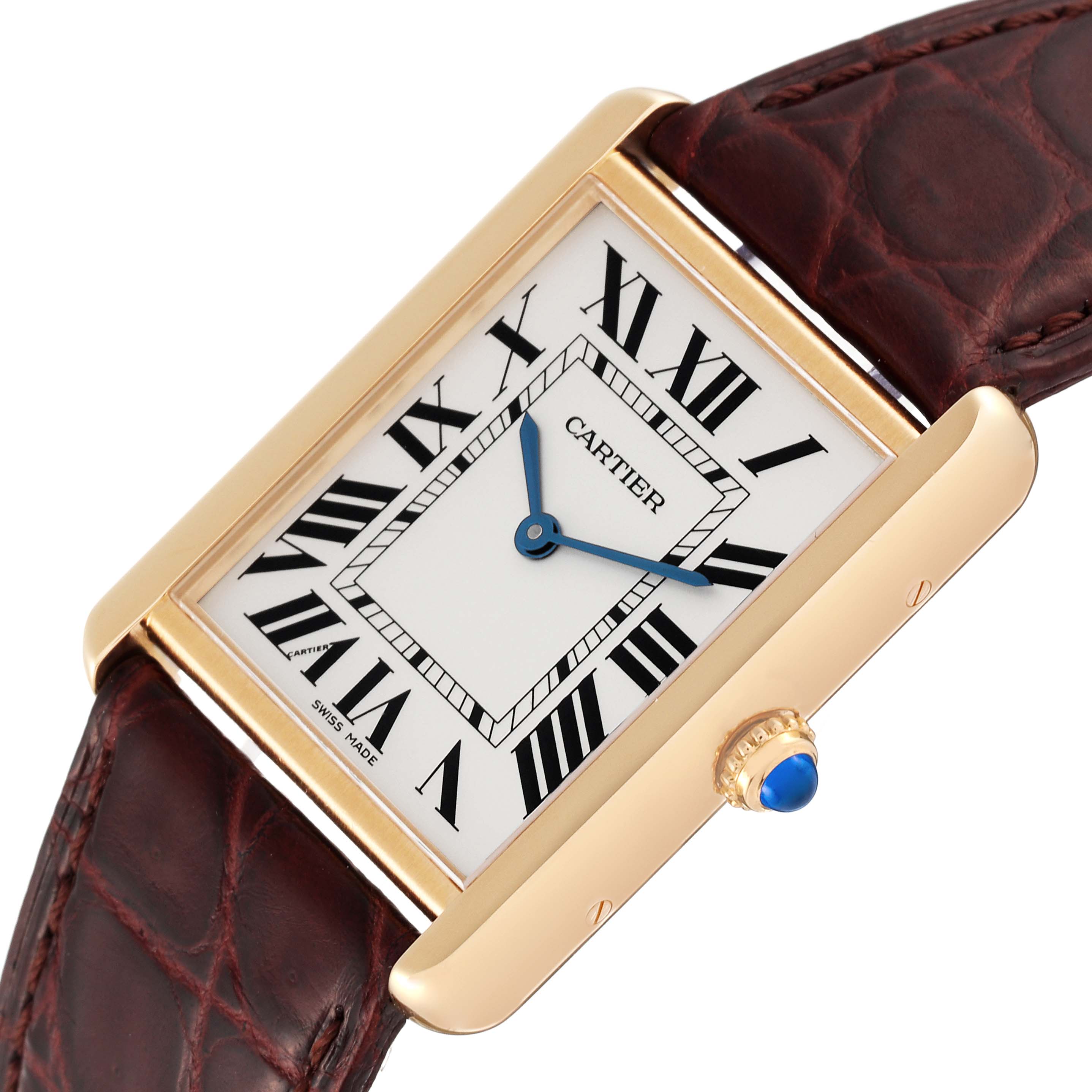 This image shows a front angle view of the Cartier Tank Solo W1018855 Men
s Steel and Gold (two tone) Silver Dial W1018855 Men
s Steel and Gold (two tone) Silver Dial watch, focusing on the face, bezel, and leather strap.