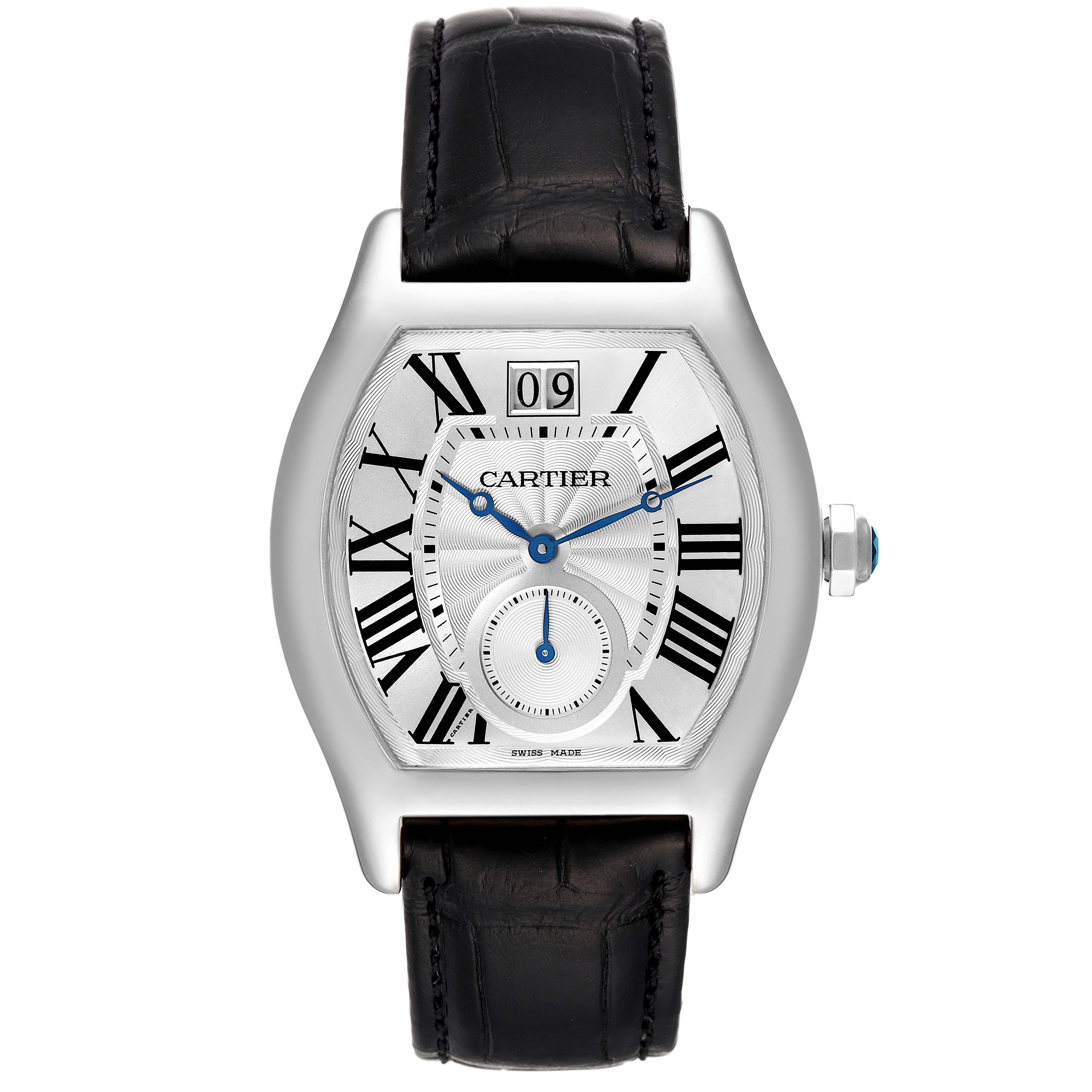 This is a front-angle view of the Cartier Tortue W1556233 Men's White Gold Silver Dial W1556233 Men's White Gold Silver Dial watch showing its dial, hands, bezel, case, crown, and leather strap.