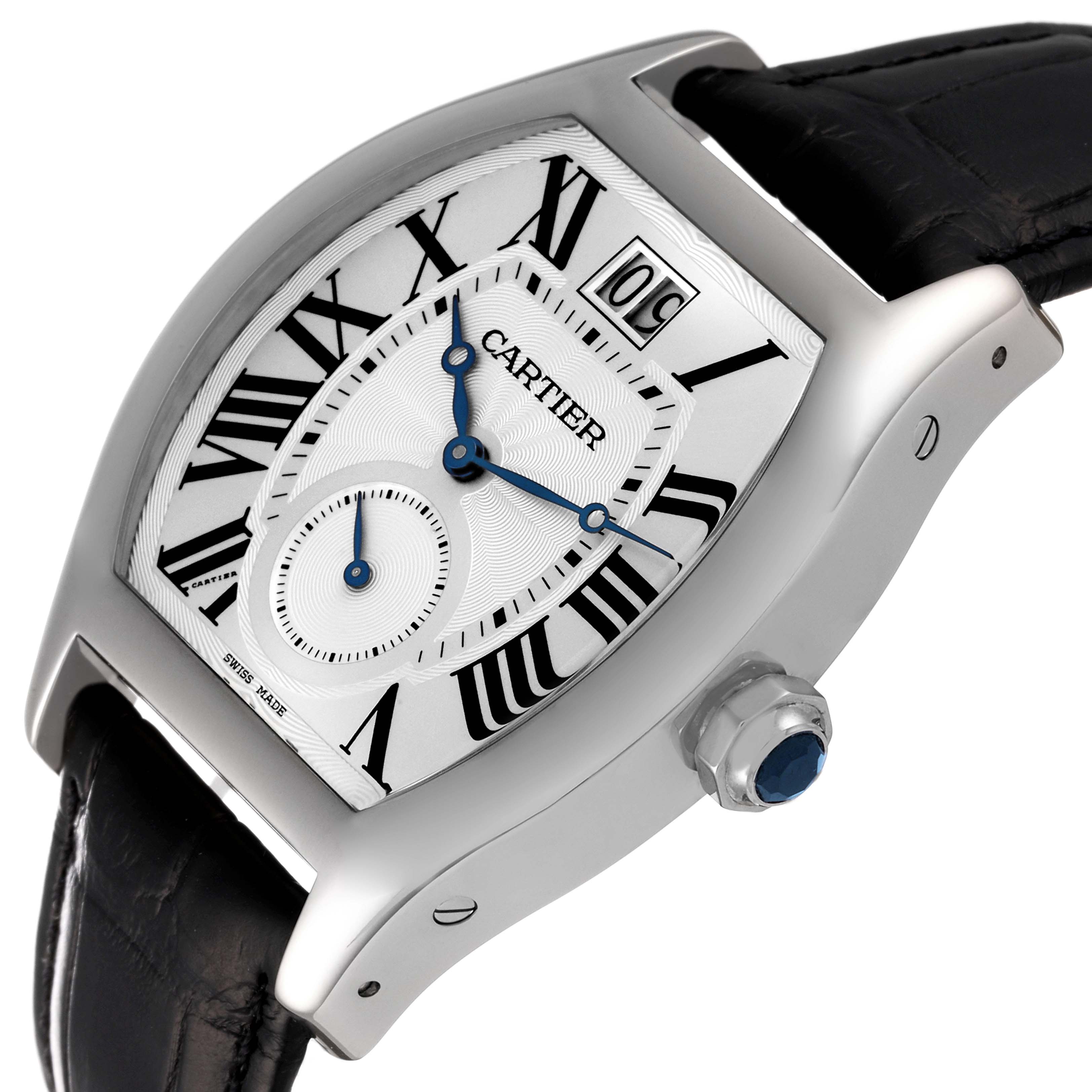 This image shows a side-angle view of the Cartier Tortue W1556233 Men's White Gold Silver Dial W1556233 Men's White Gold Silver Dial watch, highlighting its dial, case, crown, and part of the strap.