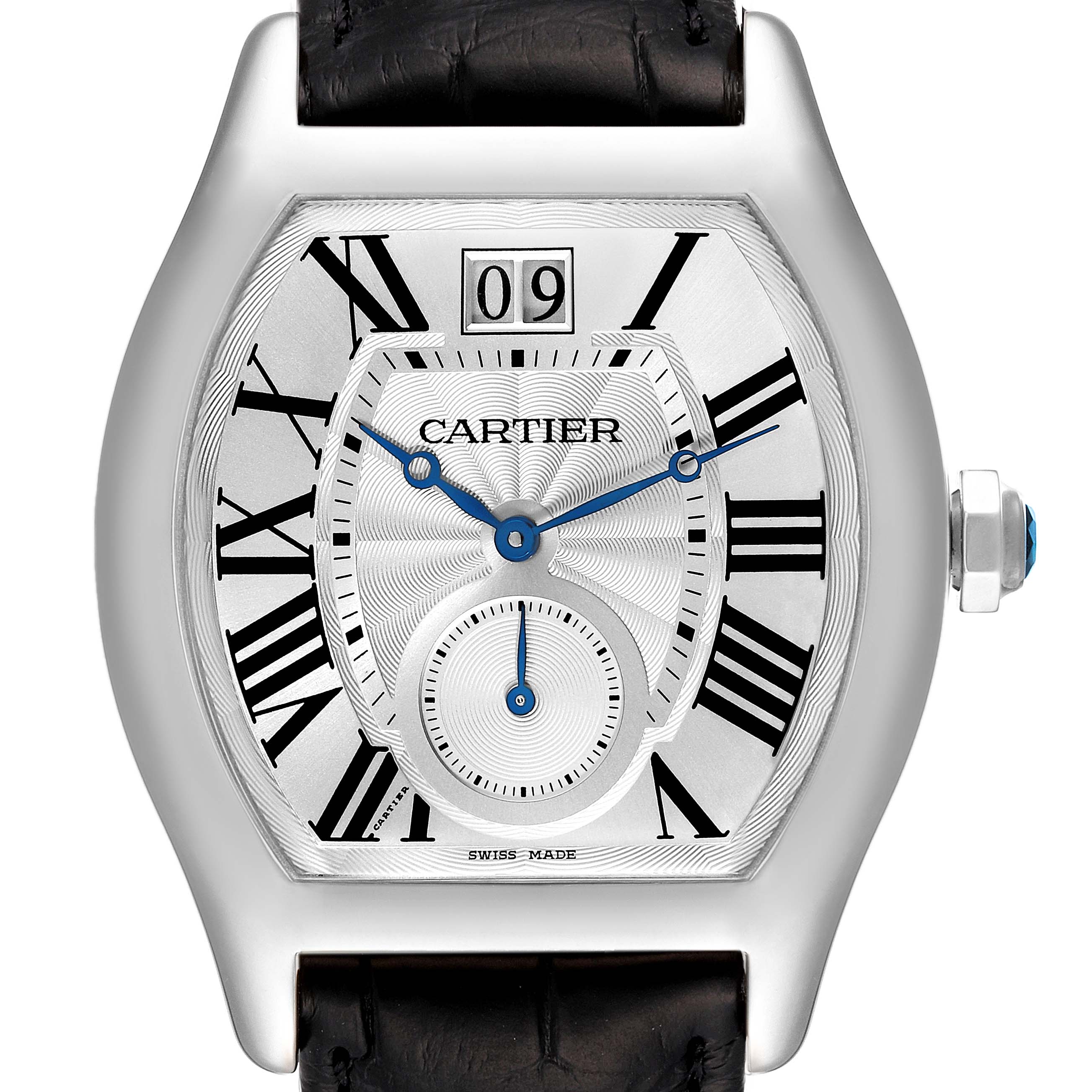 The image shows a front view of the Cartier Tortue W1556233 Men's White Gold Silver Dial W1556233 Men's White Gold Silver Dial watch, highlighting the dial, hands, and part of the strap.