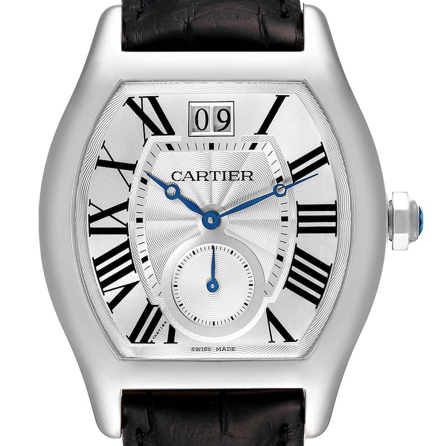 Cartier Tortue XL Silver Flinque Dial White Gold Mens Watch W1556233 SwissWatchExpo