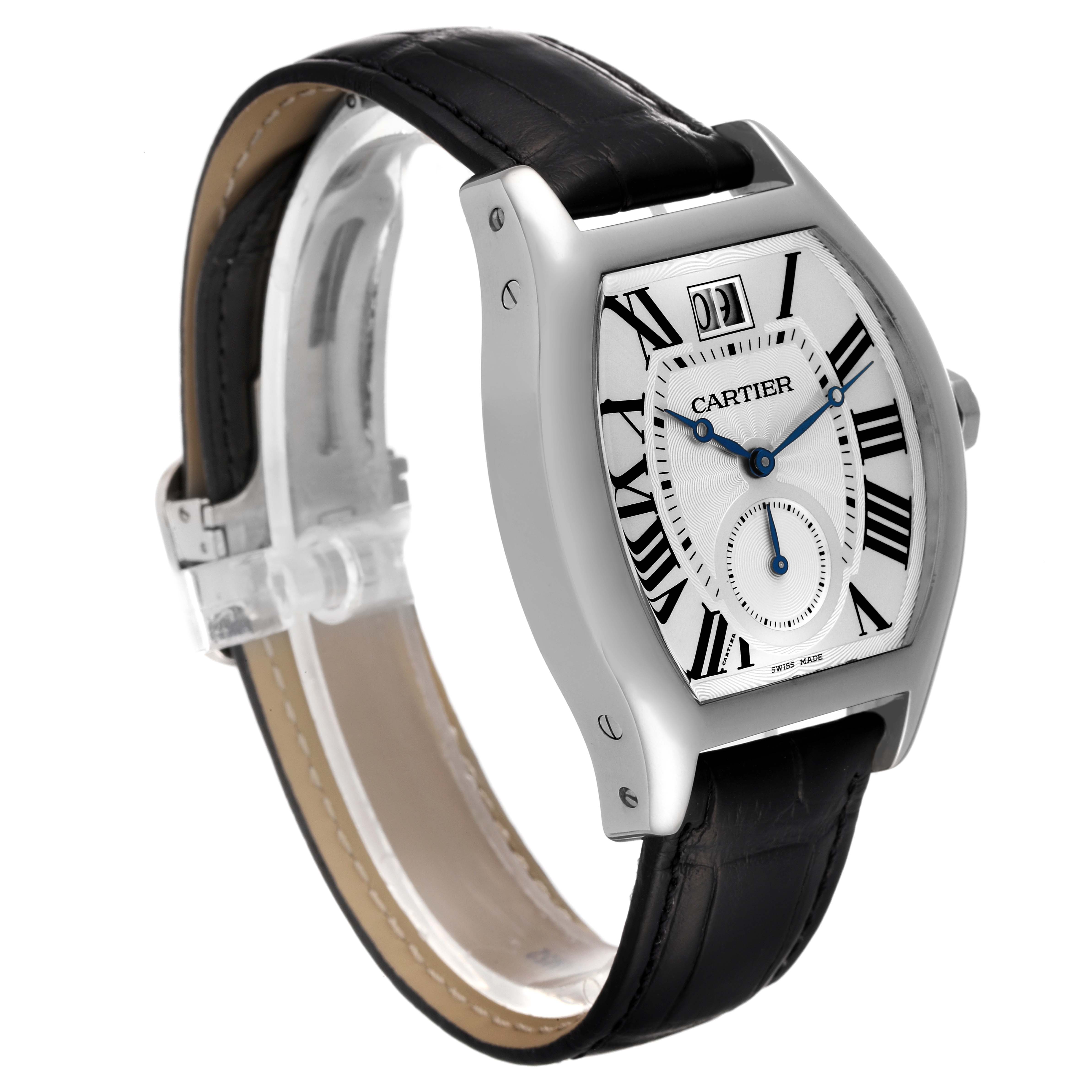 The image shows a side-angle view of a Cartier Tortue W1556233 Men's White Gold Silver Dial W1556233 Men's White Gold Silver Dial model watch featuring its face, case, and black leather strap.