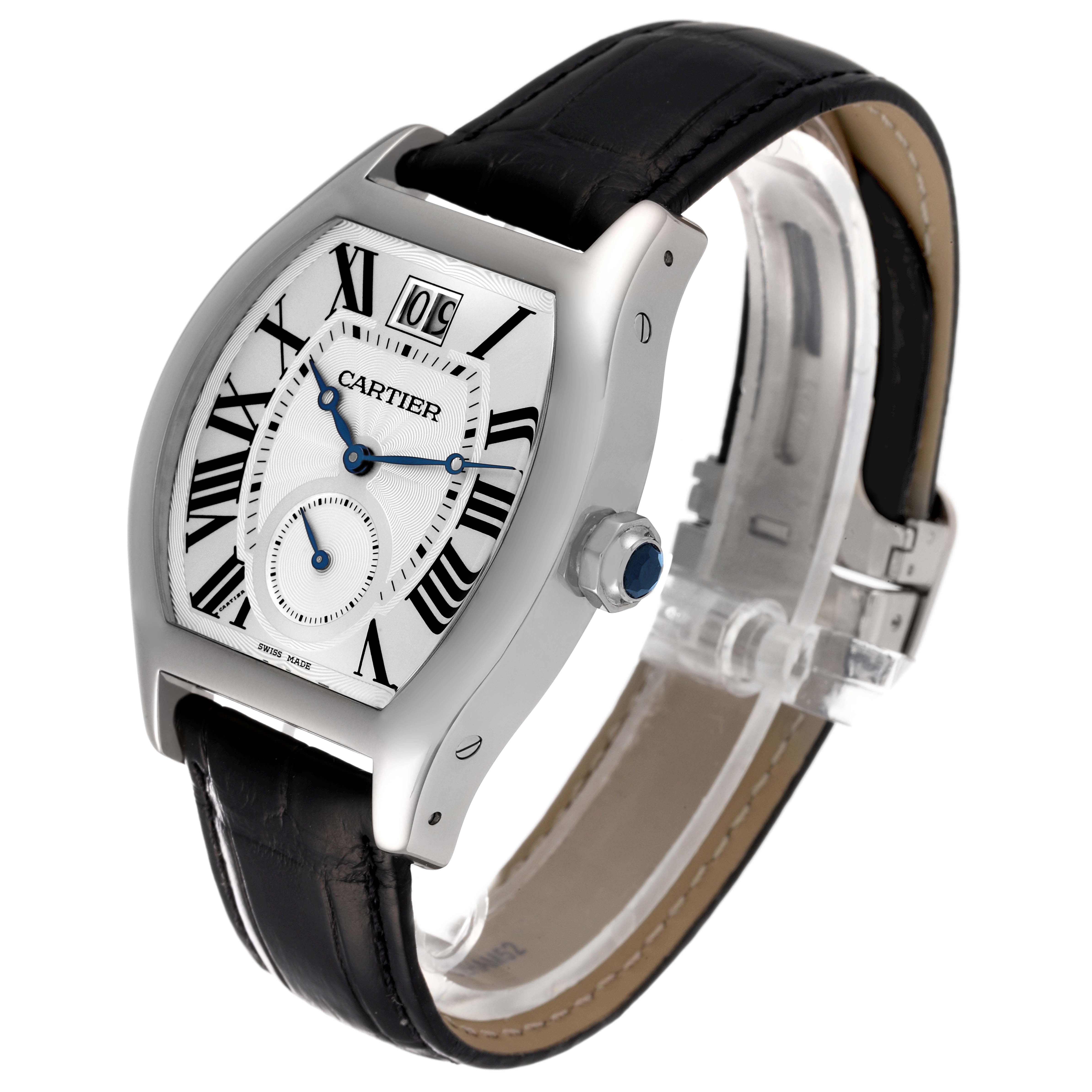 The image shows a Cartier Tortue W1556233 Men's White Gold Silver Dial W1556233 Men's White Gold Silver Dial watch from a three-quarter top-front angle, highlighting its face, case, and leather strap.
