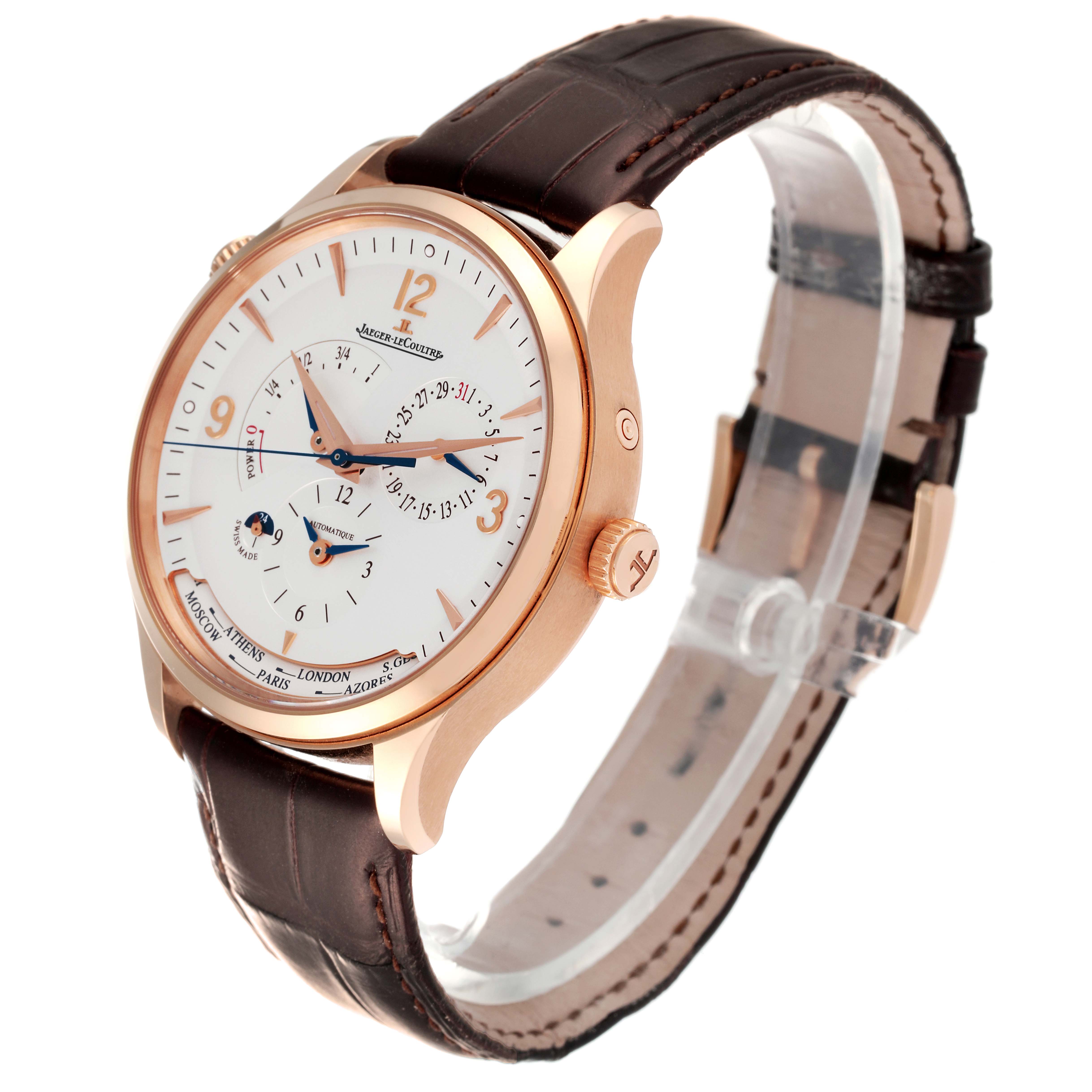 The image shows a Jaeger-LeCoultre Master model watch from a front-side angle, featuring its dial, crown, and leather strap.