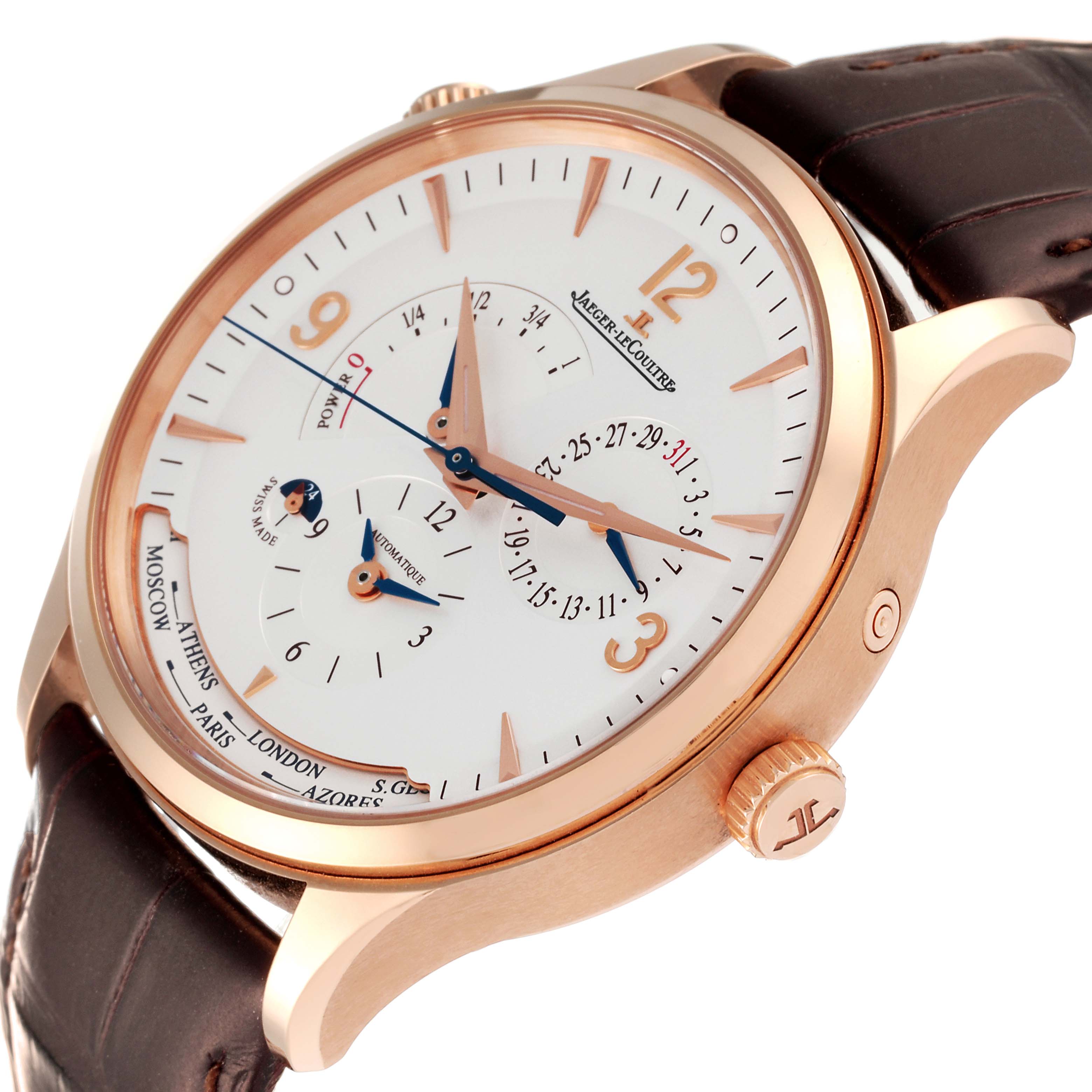 The image shows a Jaeger-LeCoultre Master model watch at an angled view, highlighting the dial, crown, and leather strap.