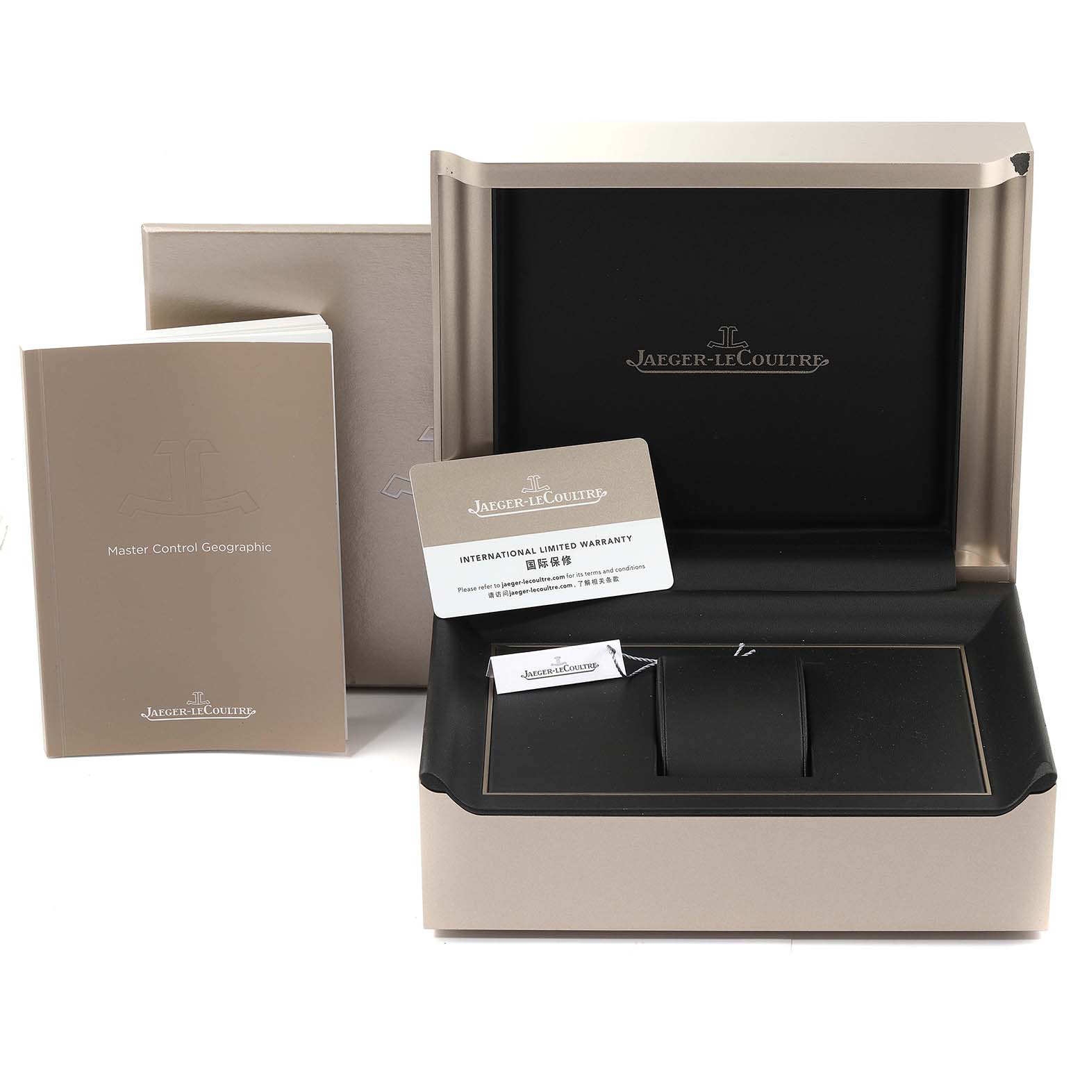 This image shows the packaging, international warranty card, booklet, and display box for the Jaeger LeCoultre Master Q4122520 Men's Rose Gold Silver Dial Q4122520 Men's Rose Gold Silver Dial Control Geographic watch.