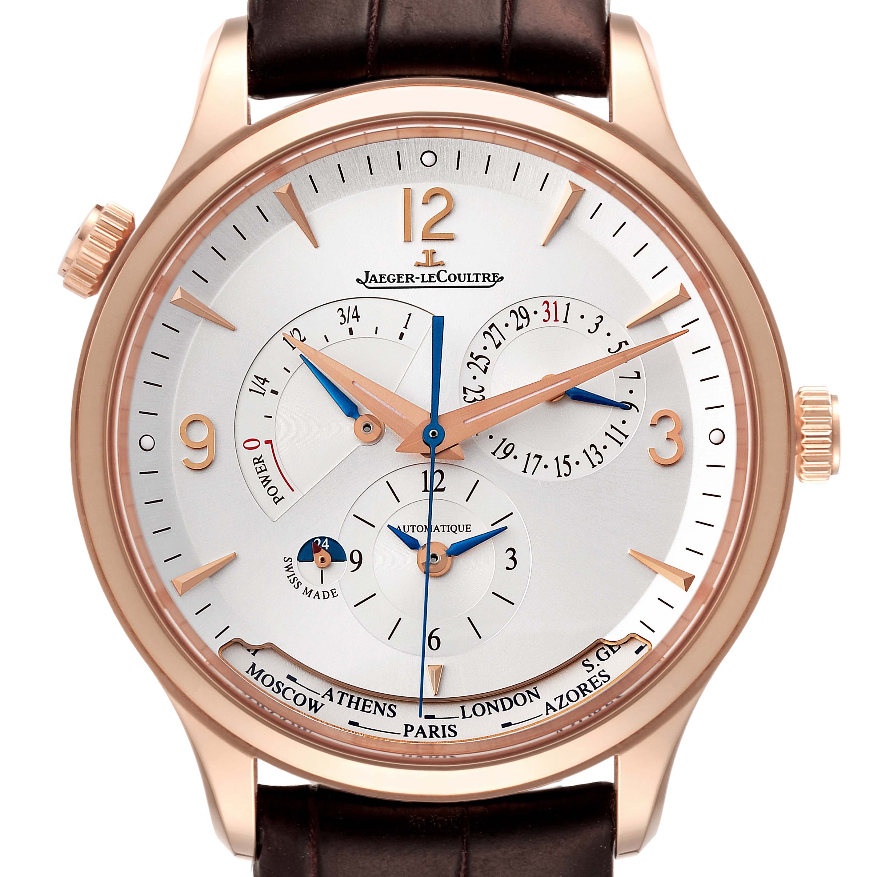 This image shows a front view of the Jaeger-LeCoultre Master watch with various dials and rose gold accents.