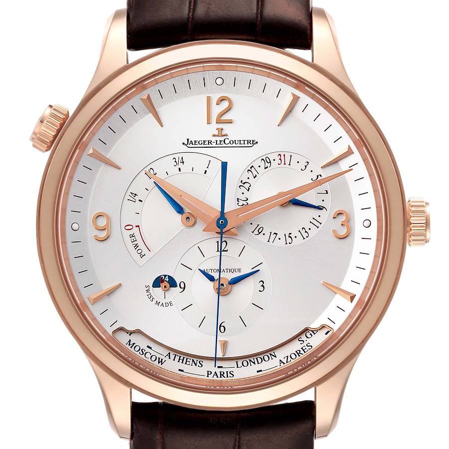 Jaeger LeCoultre Master Control Geographic Rose Gold Mens World Time Watch Q4122520 Box Card SwissWatchExpo