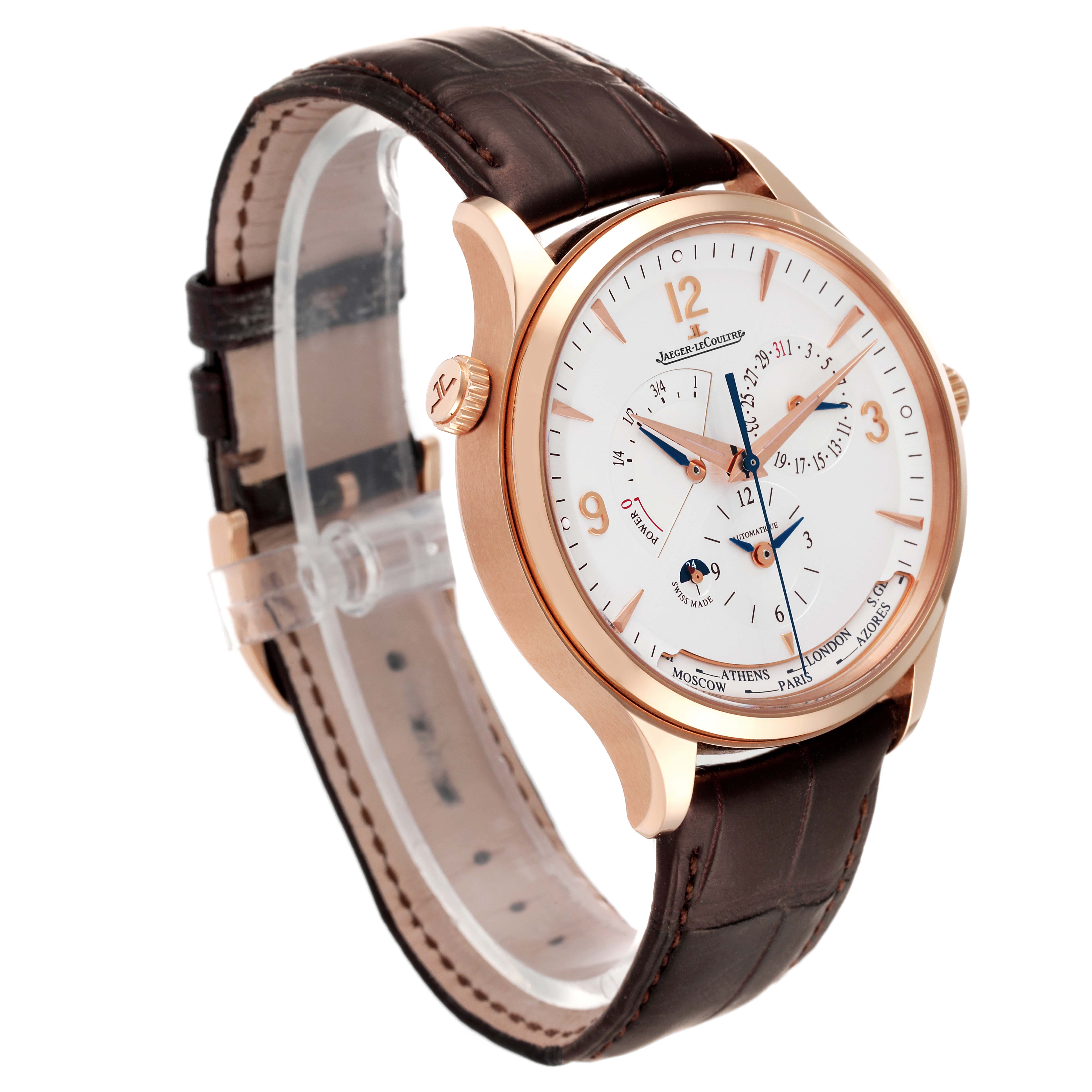 The image shows a Jaeger LeCoultre Master Q4122520 Men's Rose Gold Silver Dial Q4122520 Men's Rose Gold Silver Dial model watch at an angled view, highlighting its face, side profile, and brown leather strap.