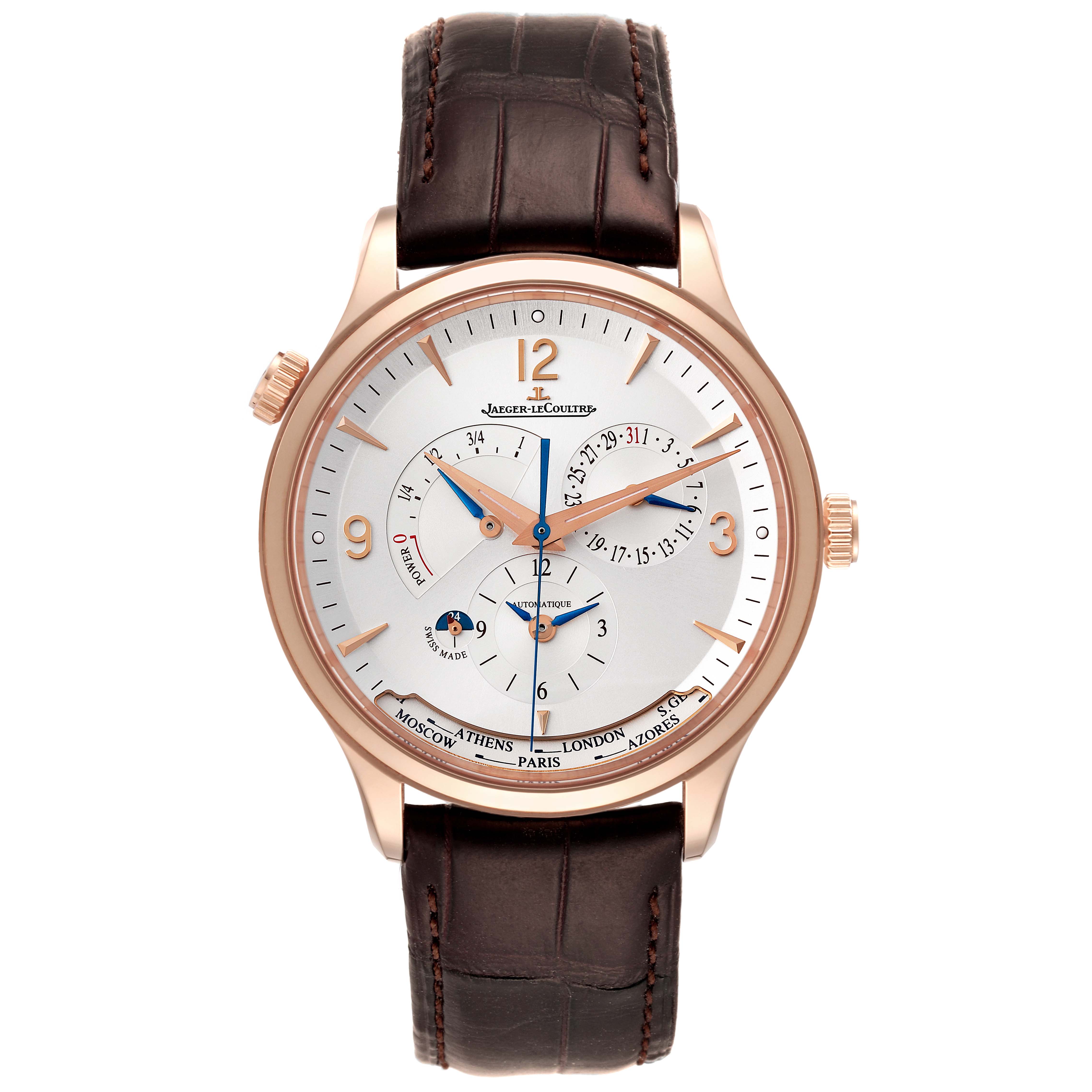 The Jaeger LeCoultre Master Q4122520 Men's Rose Gold Silver Dial Q4122520 Men's Rose Gold Silver Dial model watch is shown from a front angle, displaying its dial, hands, and leather strap.