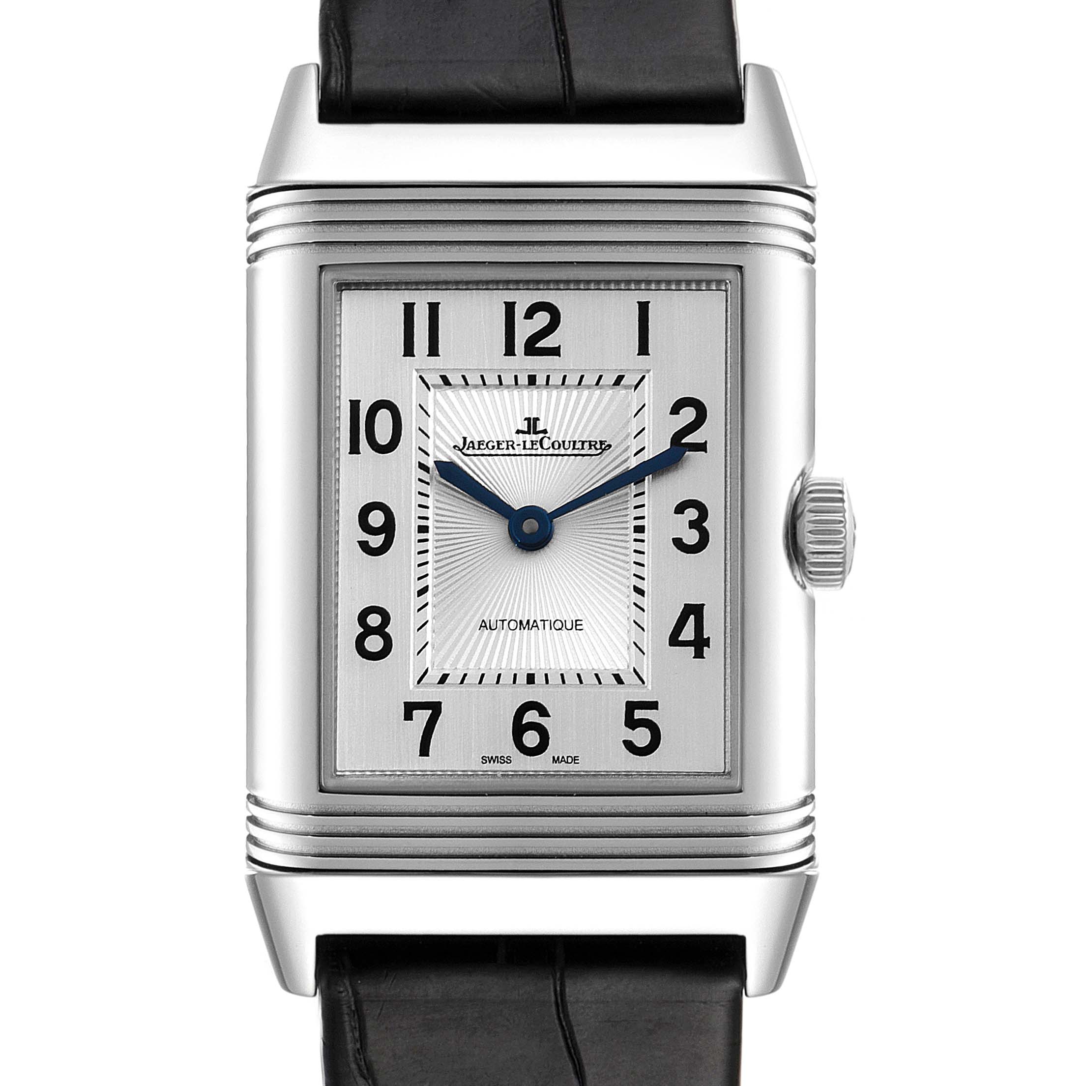 The image shows a frontal view of a Jaeger-LeCoultre Reverso watch, highlighting its dial, bezel, crown, and strap.
