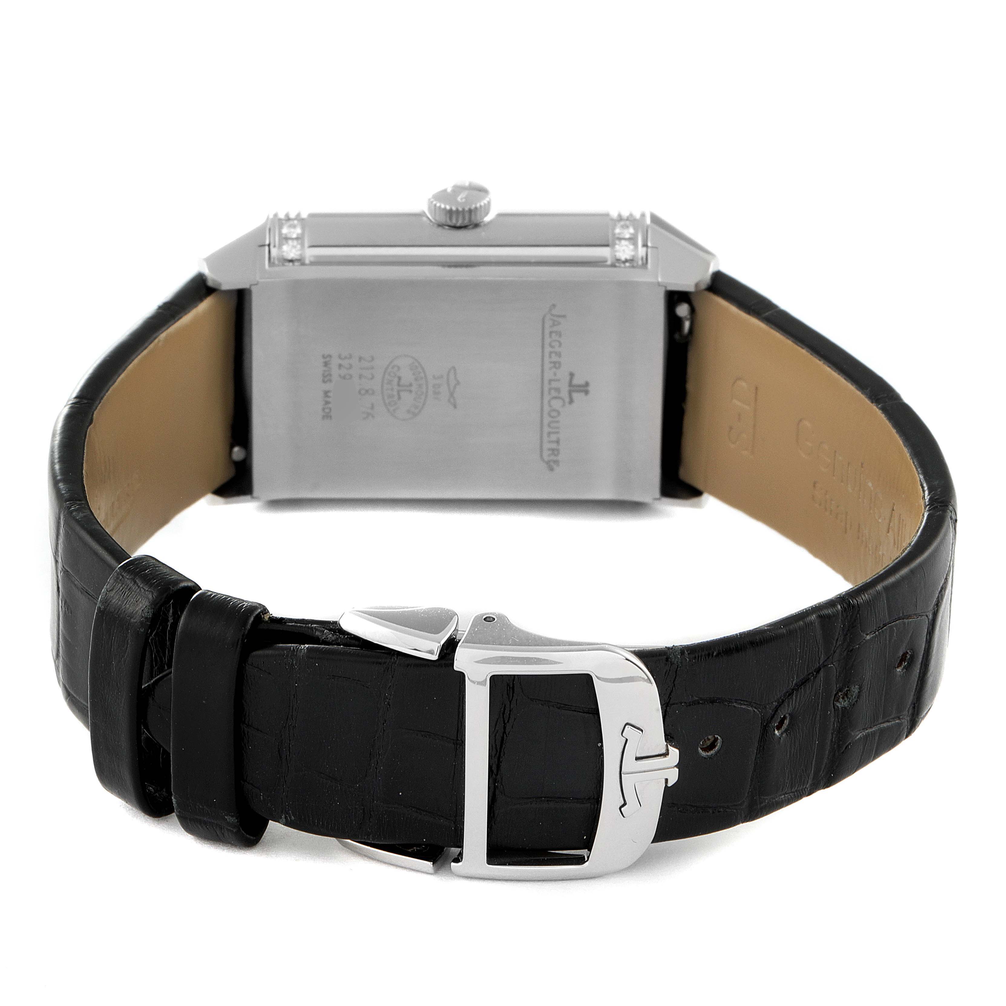 This image shows the back case and leather strap of a Jaeger LeCoultre Reverso Q2578420 Women's Stainless Steel Black Dial Q2578420 Women's Stainless Steel Black Dial watch, including the buckle and clasp.