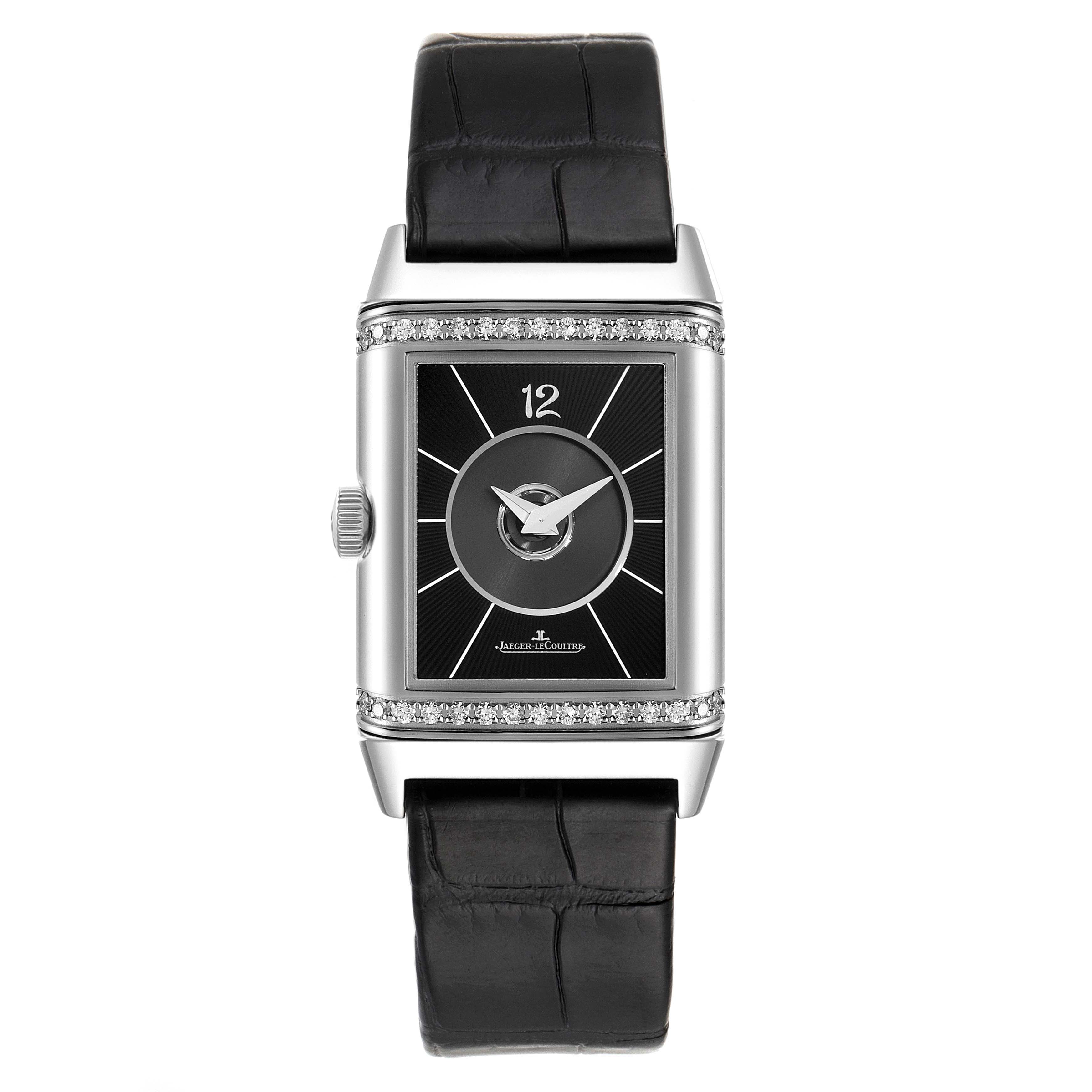 The image shows the front view of a Jaeger LeCoultre Reverso Q2578420 Women's Stainless Steel Black Dial Q2578420 Women's Stainless Steel Black Dial watch displaying its face and leather strap.