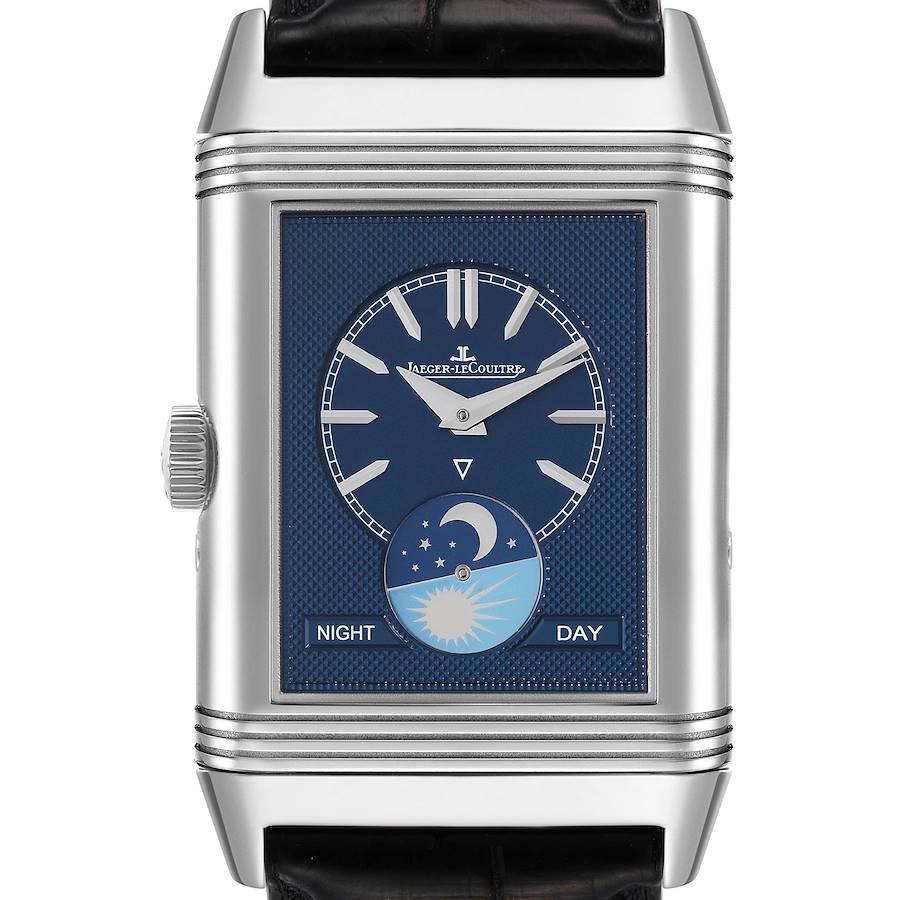 The Jaeger LeCoultre Reverso watch is shown from a front angle, featuring the dial, crown, and night/day indicator.