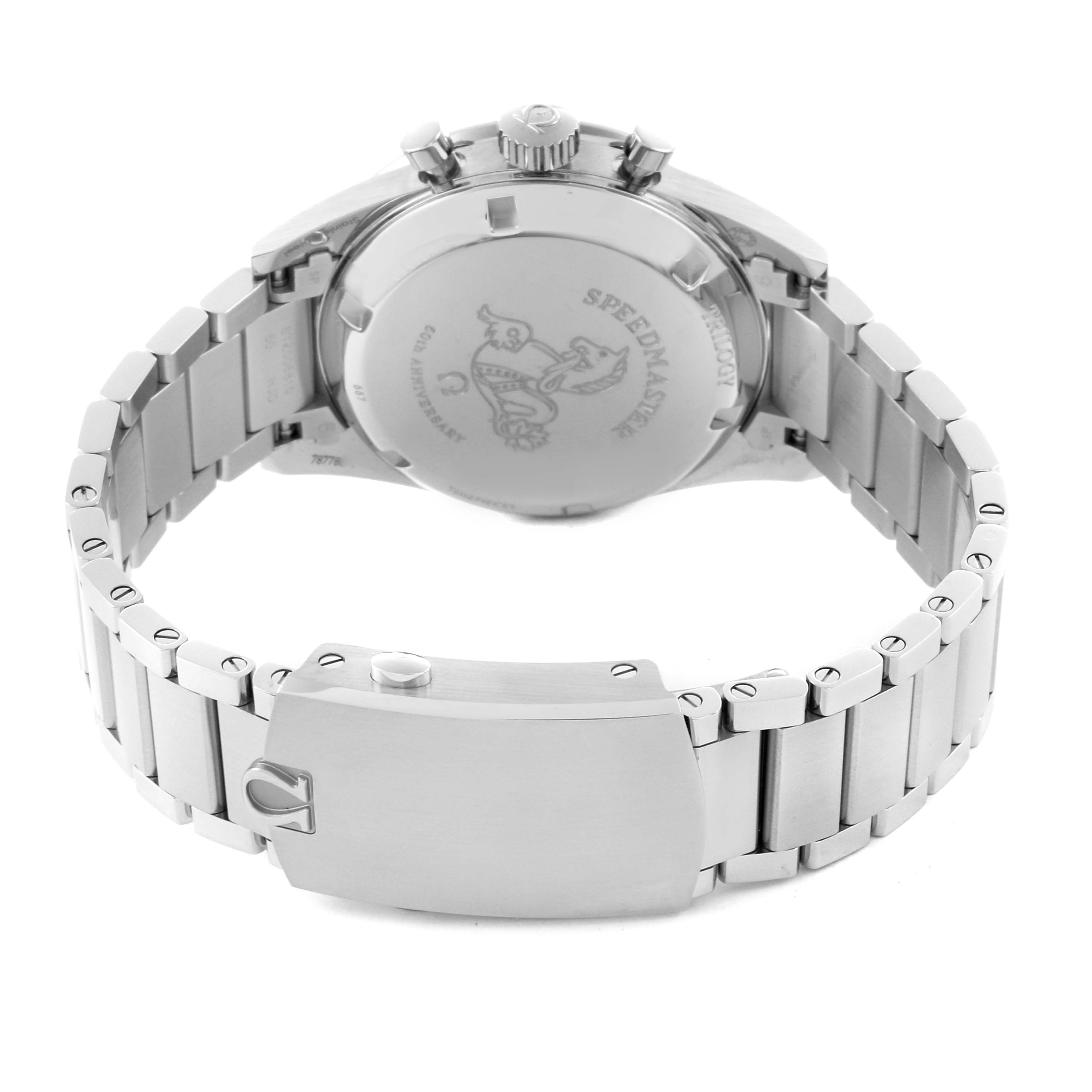 The image shows the back and side of the Omega Museum Men's Stainless Steel Black Dial Men's Stainless Steel Black Dial model, highlighting the bracelet and clasp details.