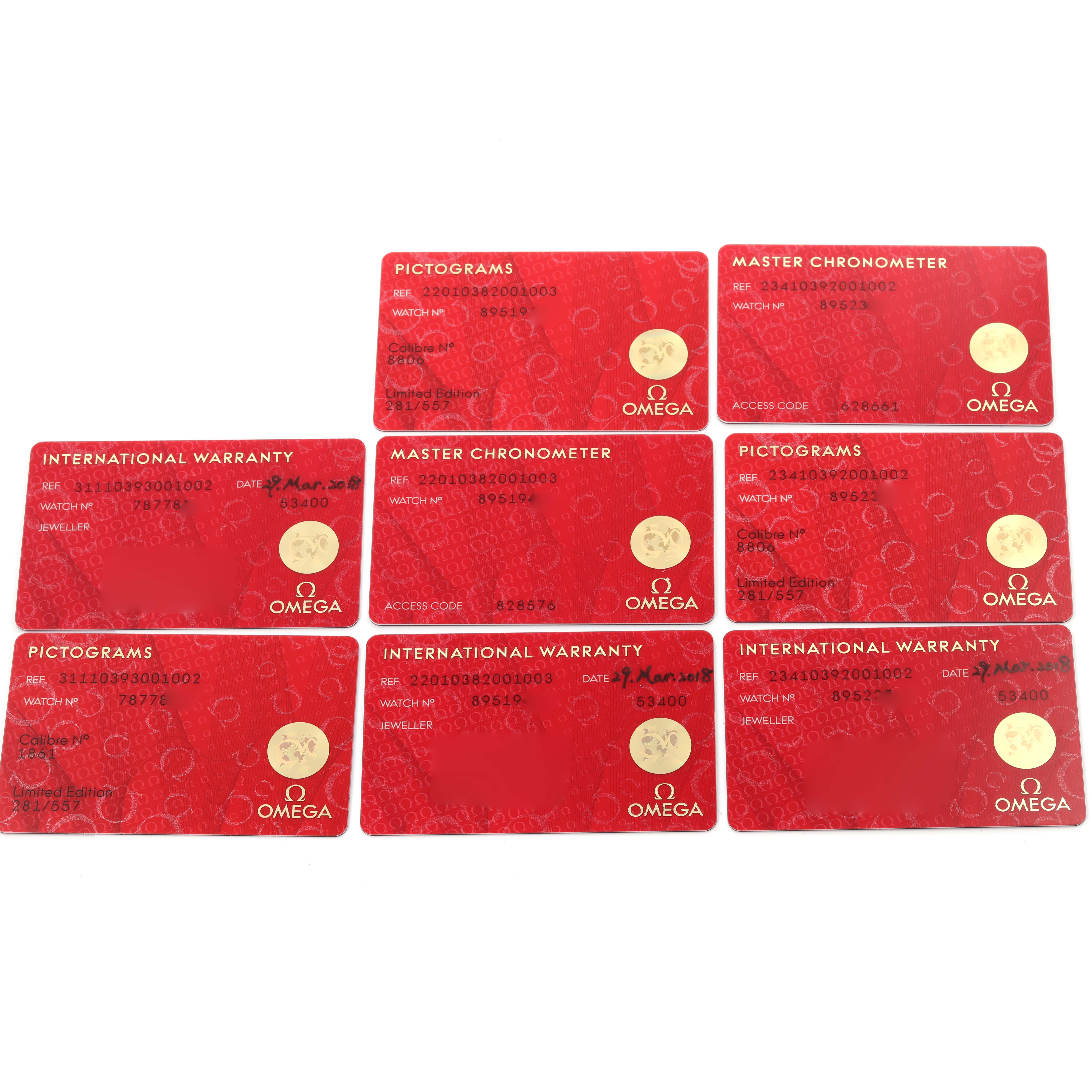 The image shows multiple warranty and certification cards for the Omega Museum Men's Stainless Steel Black Dial Men's Stainless Steel Black Dial model watch.