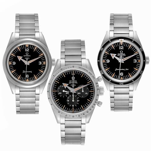 The image shows three Omega Museum model watches from a front angle, displaying their dials and metal bracelets.