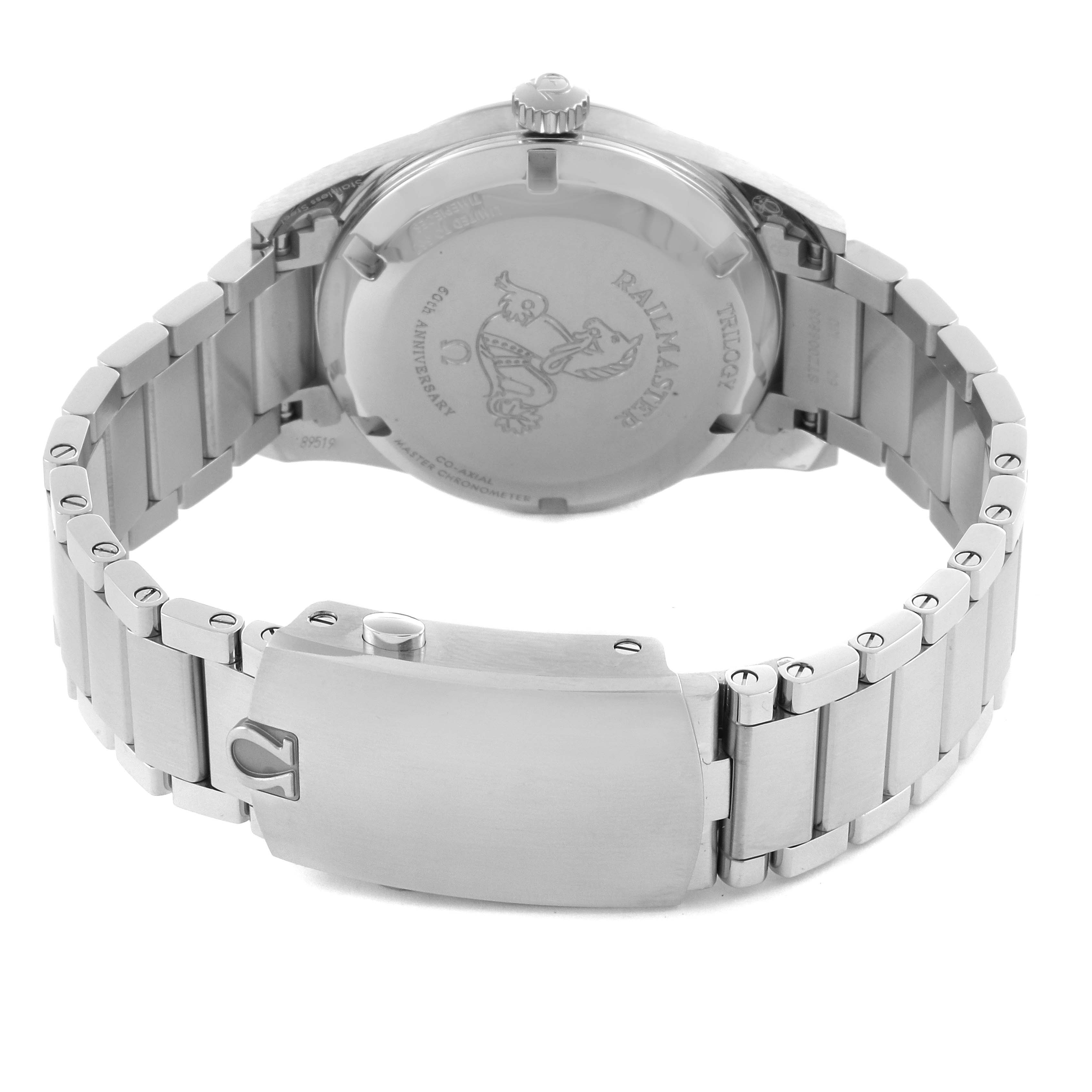 The image shows the back view of an Omega Museum Men's Stainless Steel Black Dial Men's Stainless Steel Black Dial watch, including the case back and metal bracelet with a clasp.