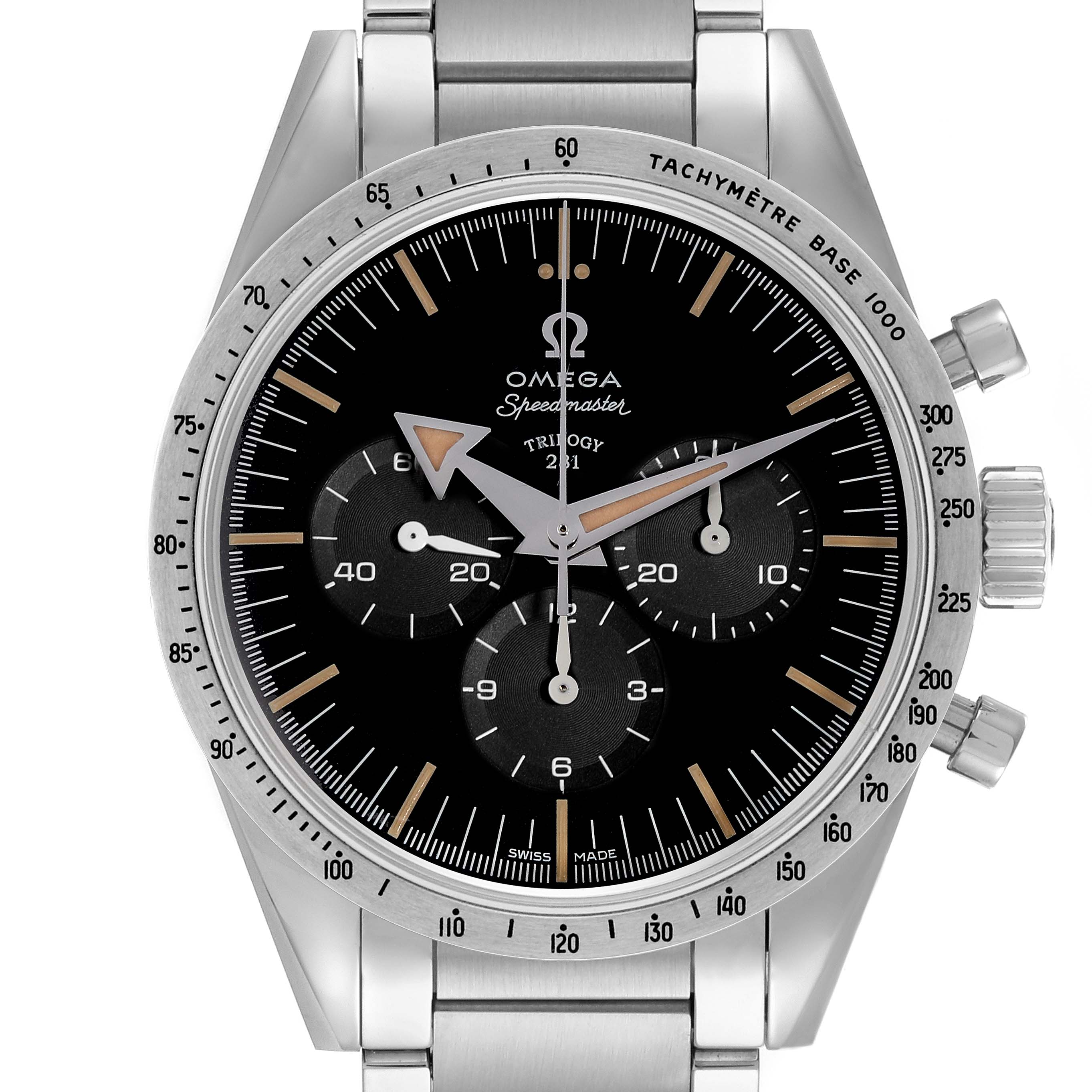 The Omega Museum Men's Stainless Steel Black Dial Men's Stainless Steel Black Dial model watch is shown from the front, highlighting the dial, bezel, and part of the bracelet.