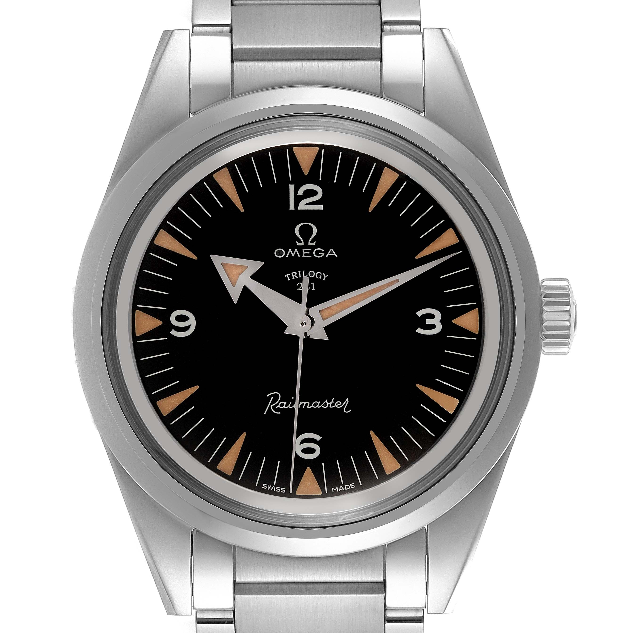 The Omega Museum Men's Stainless Steel Black Dial Men's Stainless Steel Black Dial model is shown from the front, displaying the face, bezel, lugs, and part of the bracelet.
