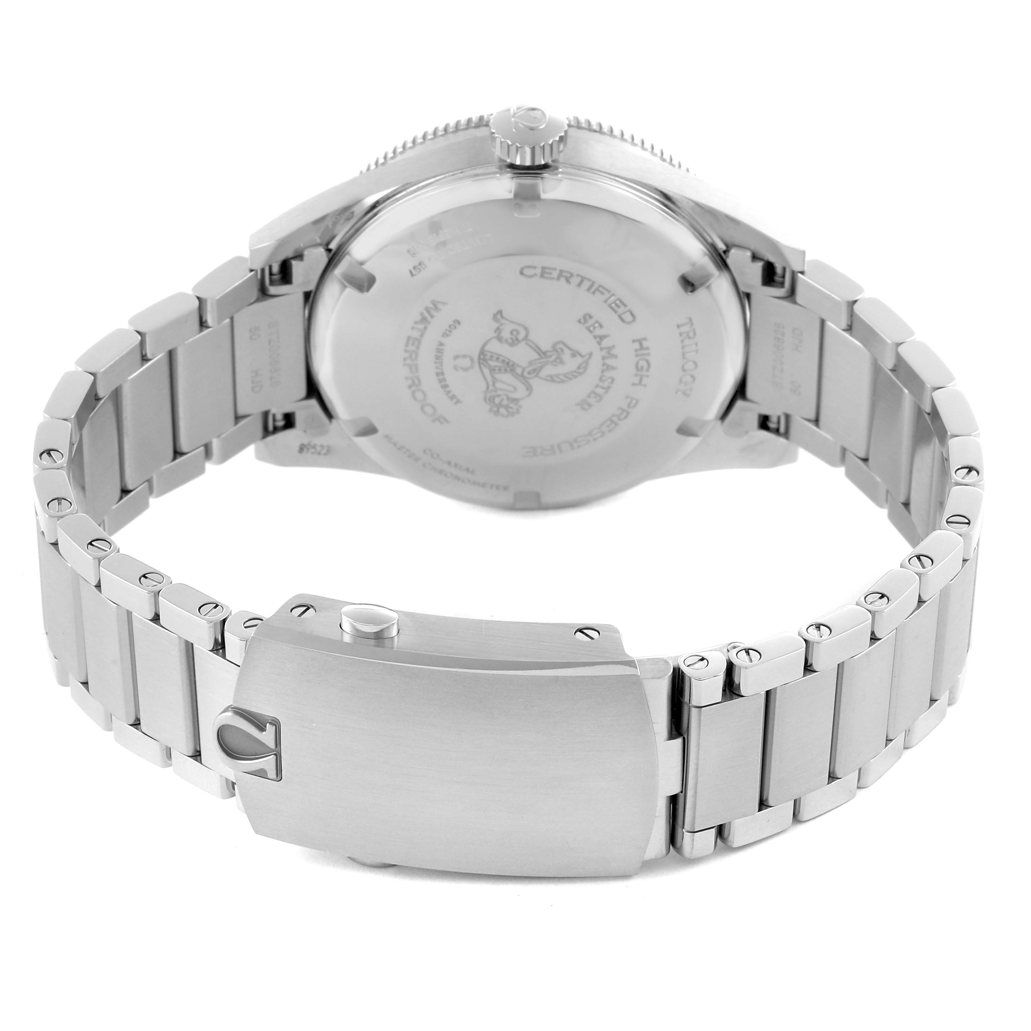 The Omega Museum Men's Stainless Steel Black Dial Men's Stainless Steel Black Dial model is shown from the back, highlighting the case back, bracelet, and clasp.