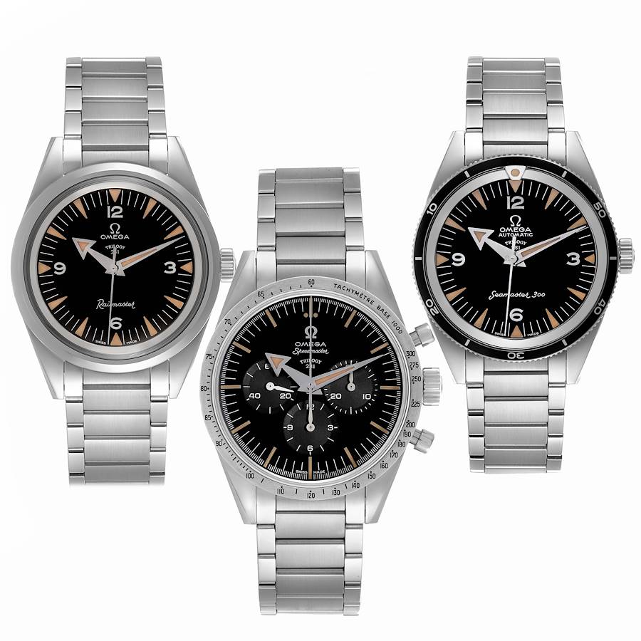 The image shows three Omega Museum model watches from a front view, highlighting dials, bezels, and bracelets.