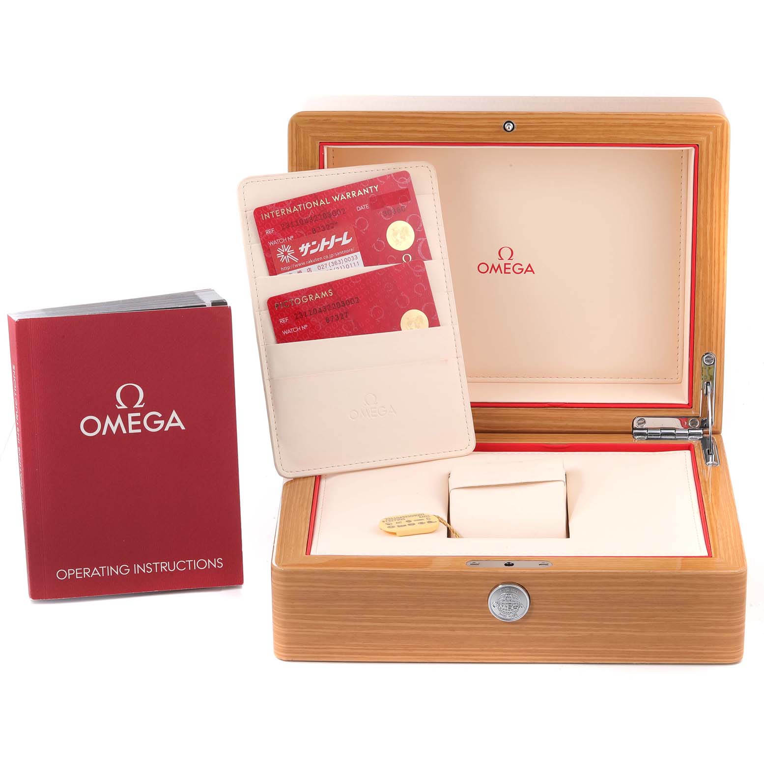 This image shows the Omega Aqua Terra 231.10.43.22.03.002 Men's Stainless Steel Blue Dial 231.10.43.22.03.002 Men's Stainless Steel Blue Dial watch's box, warranty cards, and operating instructions.