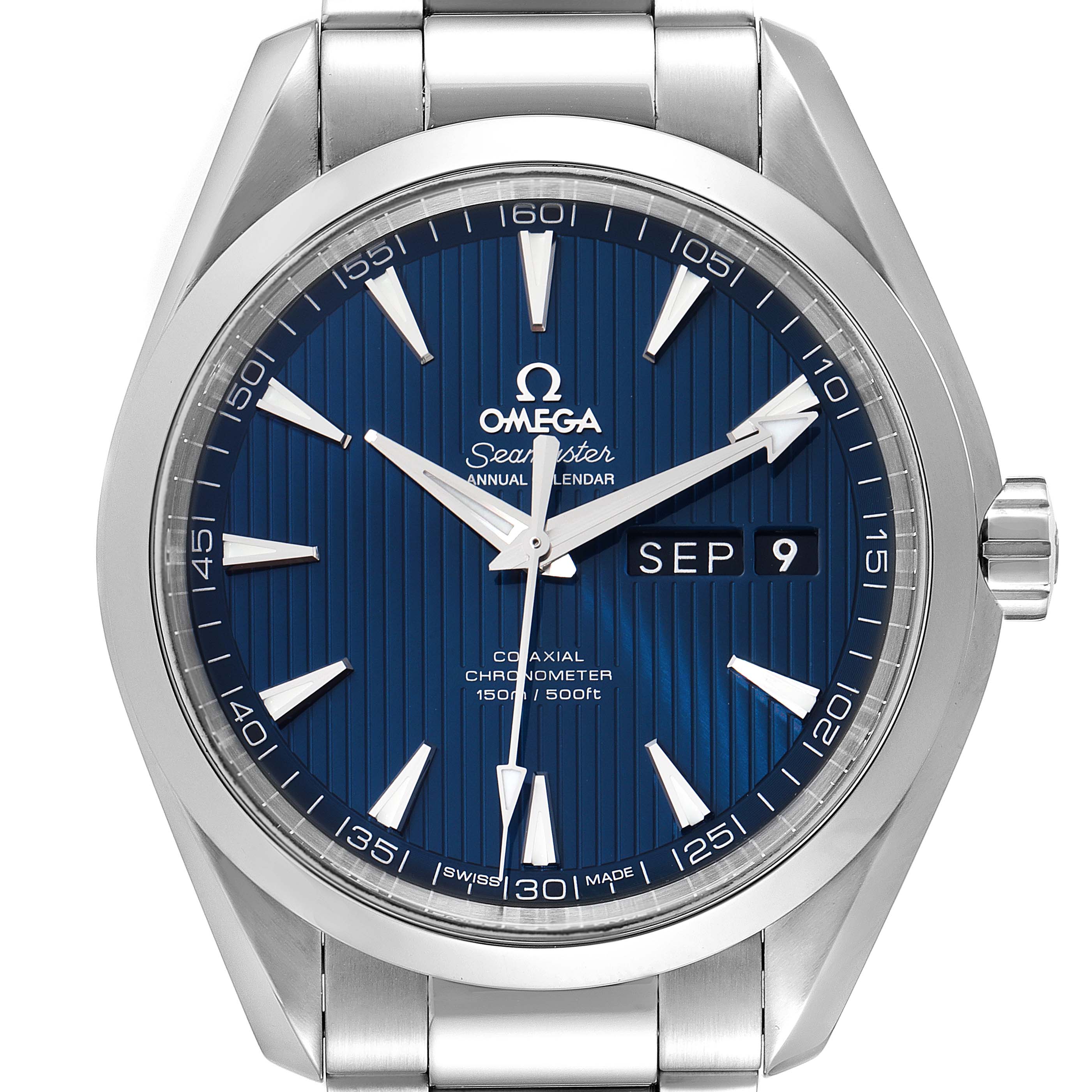 The image shows a front view of the Omega Aqua Terra 231.10.43.22.03.002 Men's Stainless Steel Blue Dial 231.10.43.22.03.002 Men's Stainless Steel Blue Dial watch, highlighting the blue dial, date display, and stainless steel bracelet.