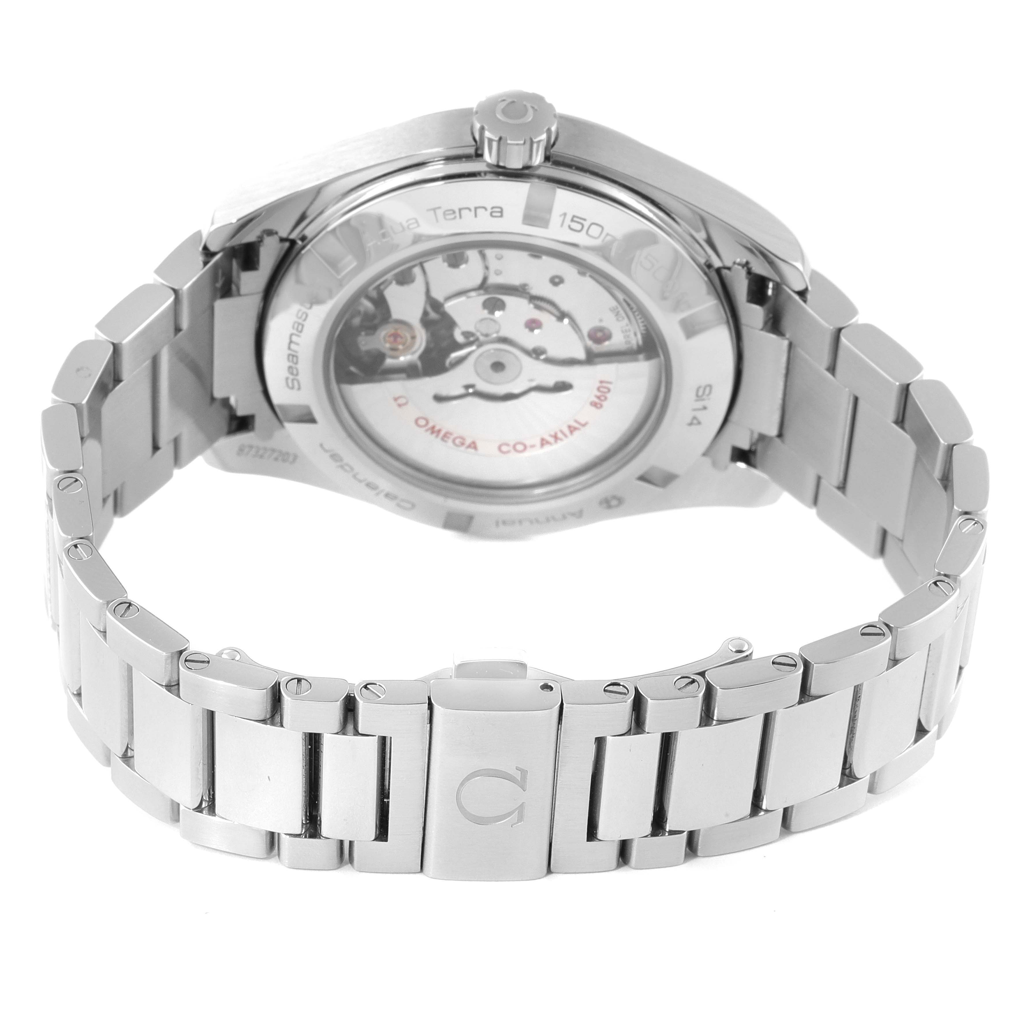 The image shows the back and bracelet of an Omega Aqua Terra 231.10.43.22.03.002 Men's Stainless Steel Blue Dial 231.10.43.22.03.002 Men's Stainless Steel Blue Dial watch, highlighting the movement and clasp.