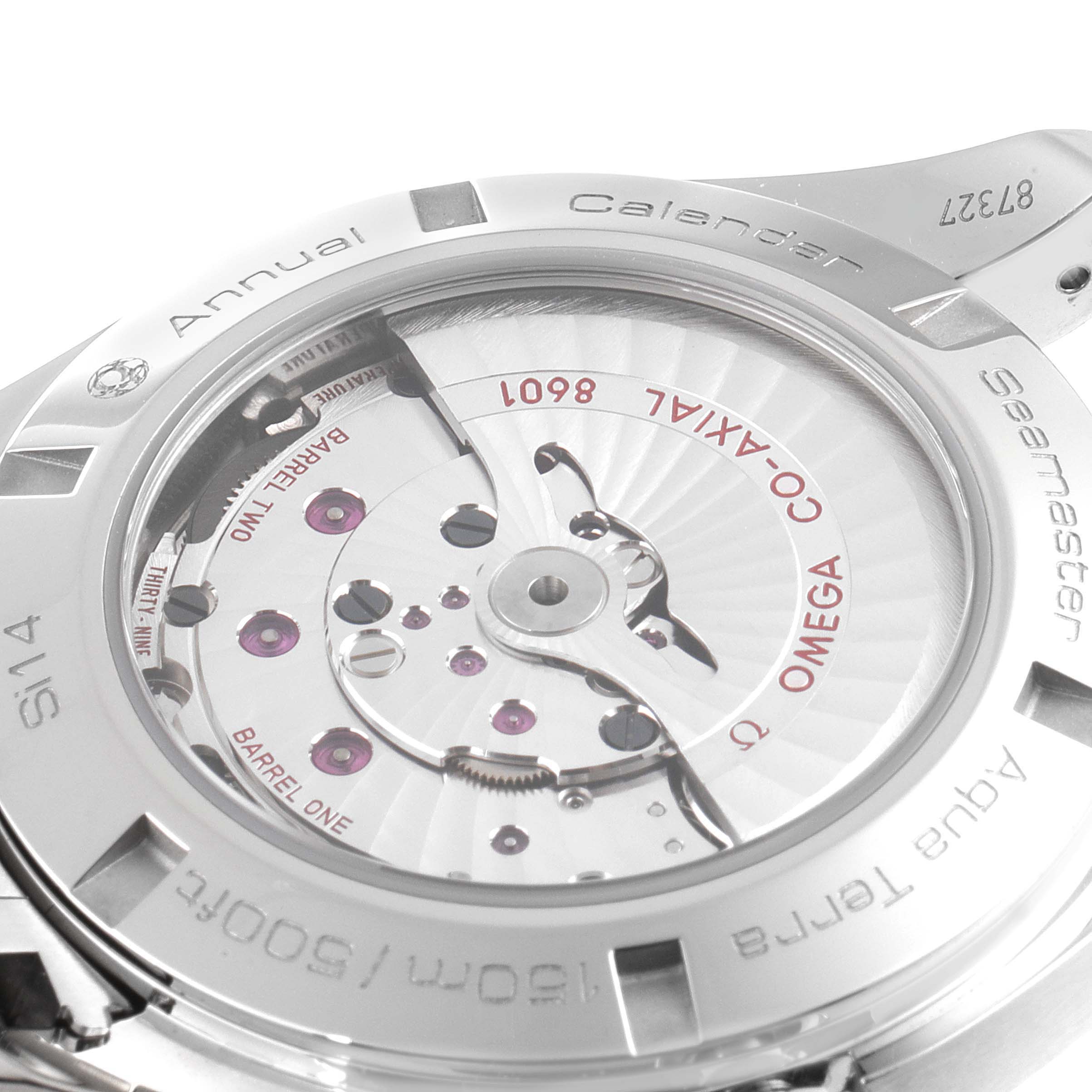 The image shows the back view of an Omega Aqua Terra 231.10.43.22.03.002 Men's Stainless Steel Blue Dial 231.10.43.22.03.002 Men's Stainless Steel Blue Dial watch, highlighting its Co-Axial 8601 movement.