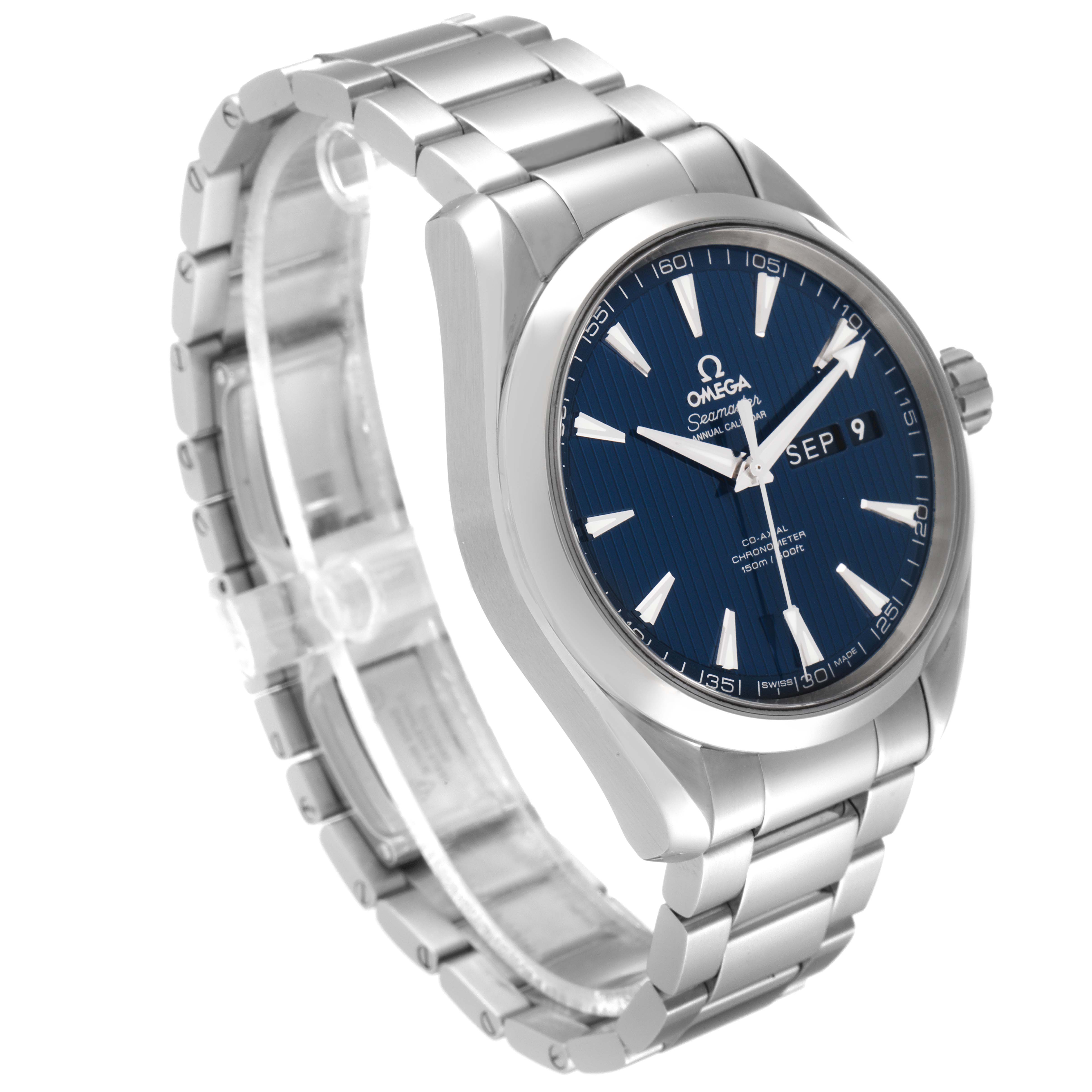 The Omega Aqua Terra 231.10.43.22.03.002 Men's Stainless Steel Blue Dial 231.10.43.22.03.002 Men's Stainless Steel Blue Dial watch is shown from a three-quarter angle, displaying the face, bezel, and metal bracelet.