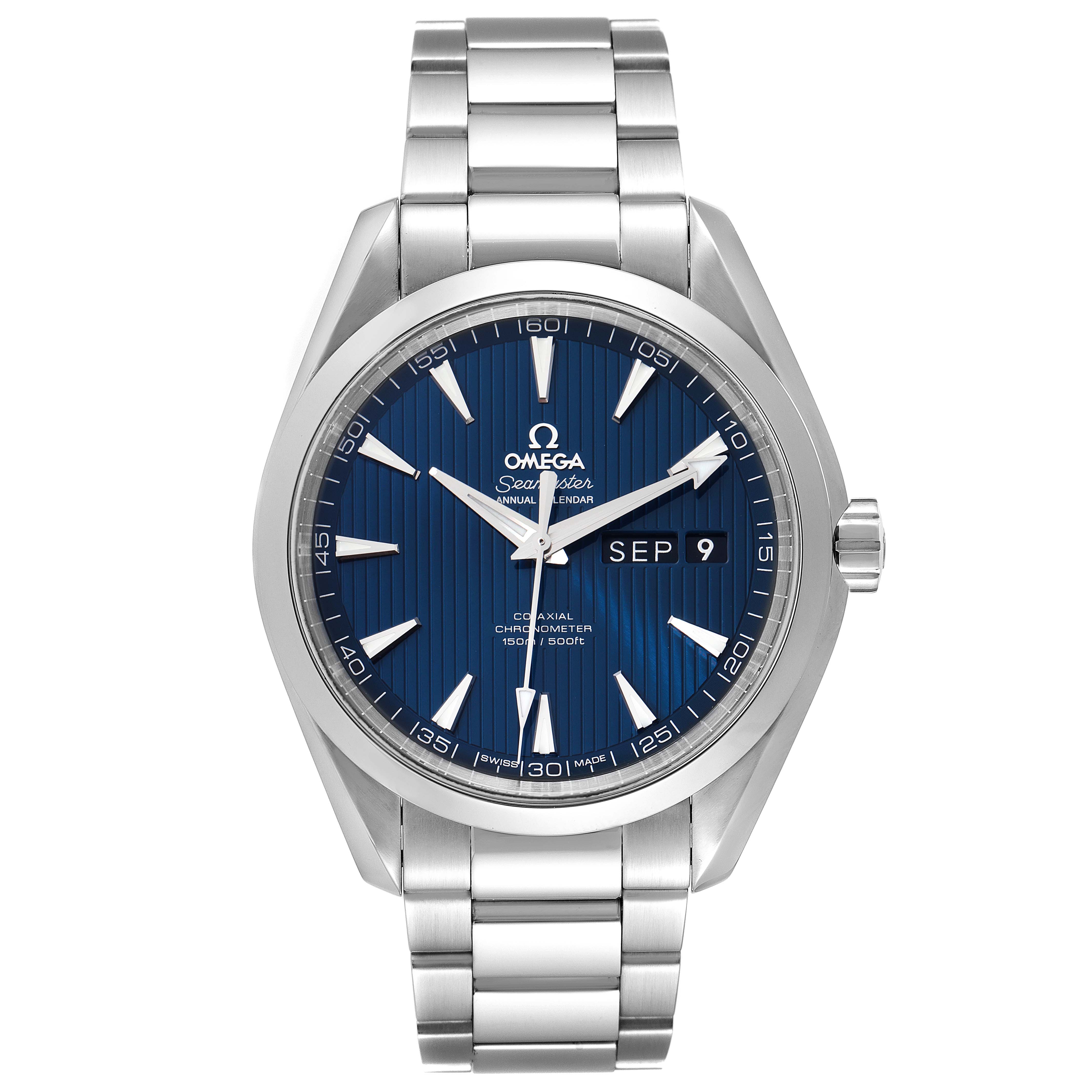 The image shows a front view of the Omega Aqua Terra 231.10.43.22.03.002 Men's Stainless Steel Blue Dial 231.10.43.22.03.002 Men's Stainless Steel Blue Dial watch, displaying its blue dial, stainless steel case, and bracelet.