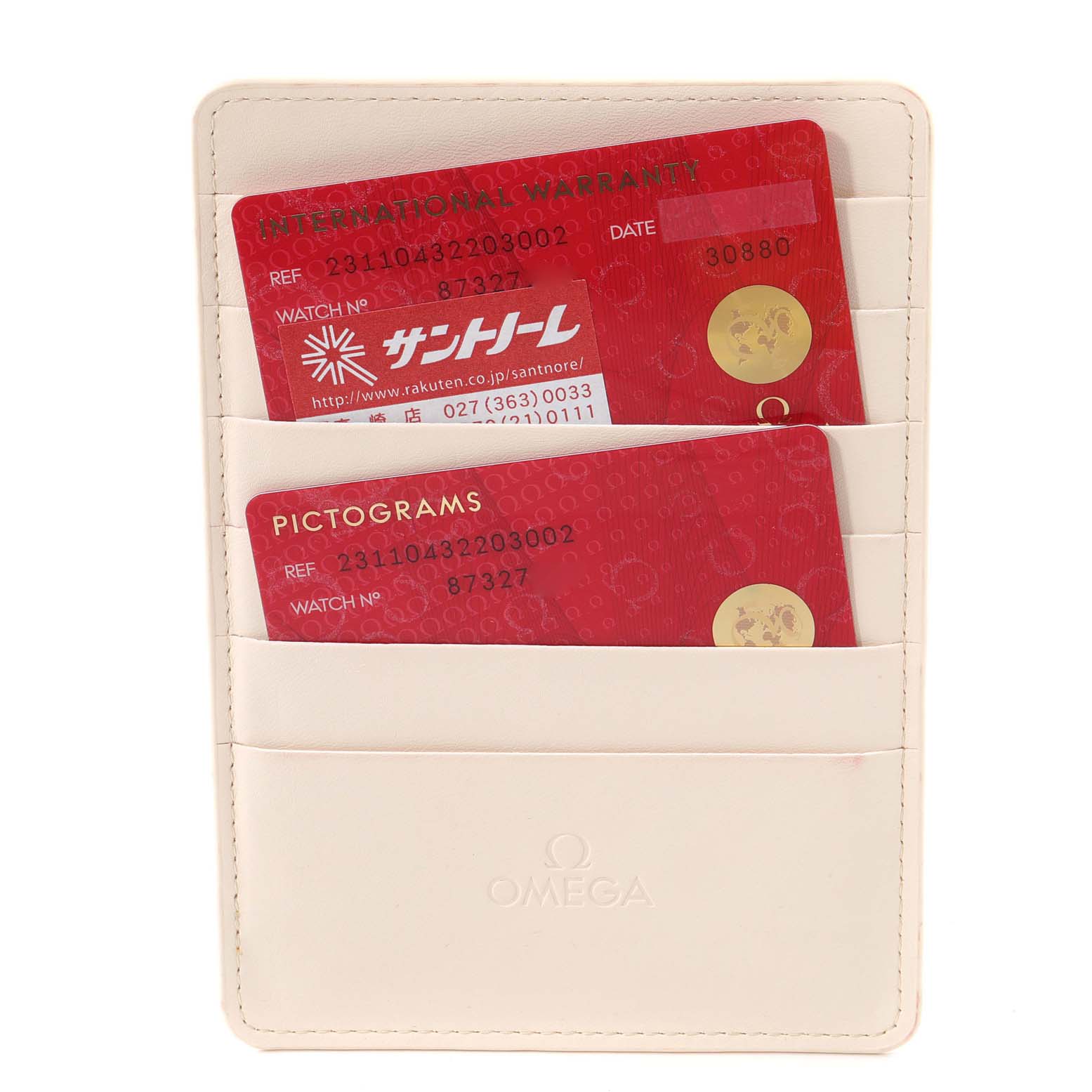 The image shows Omega Aqua Terra 231.10.43.22.03.002 Men's Stainless Steel Blue Dial 231.10.43.22.03.002 Men's Stainless Steel Blue Dial model warranty and pictogram cards in a light-colored cardholder, viewed from the front.