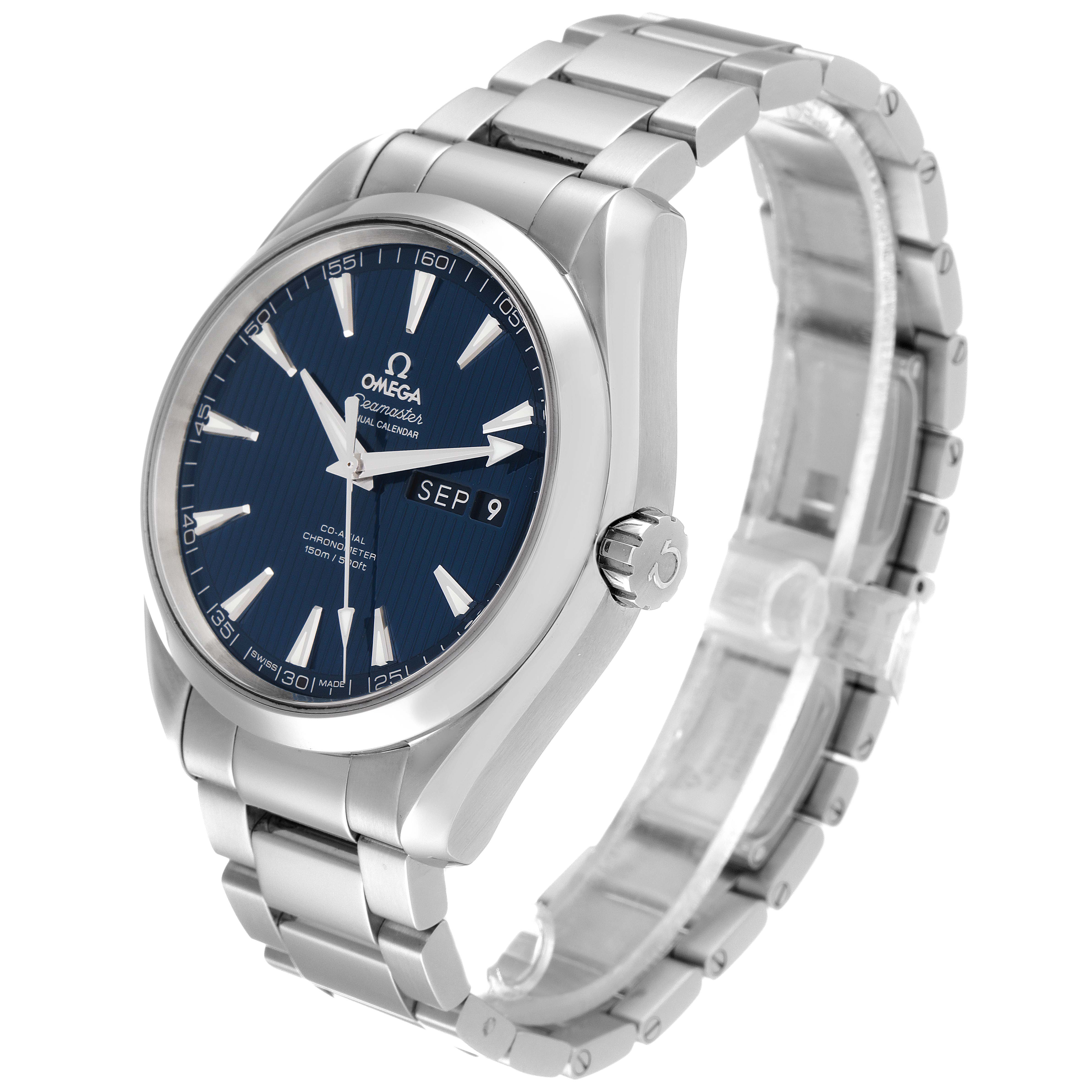 The Omega Aqua Terra 231.10.43.22.03.002 Men's Stainless Steel Blue Dial 231.10.43.22.03.002 Men's Stainless Steel Blue Dial watch is displayed at a three-quarter angle, showing the face, bezel, bracelet, and crown.