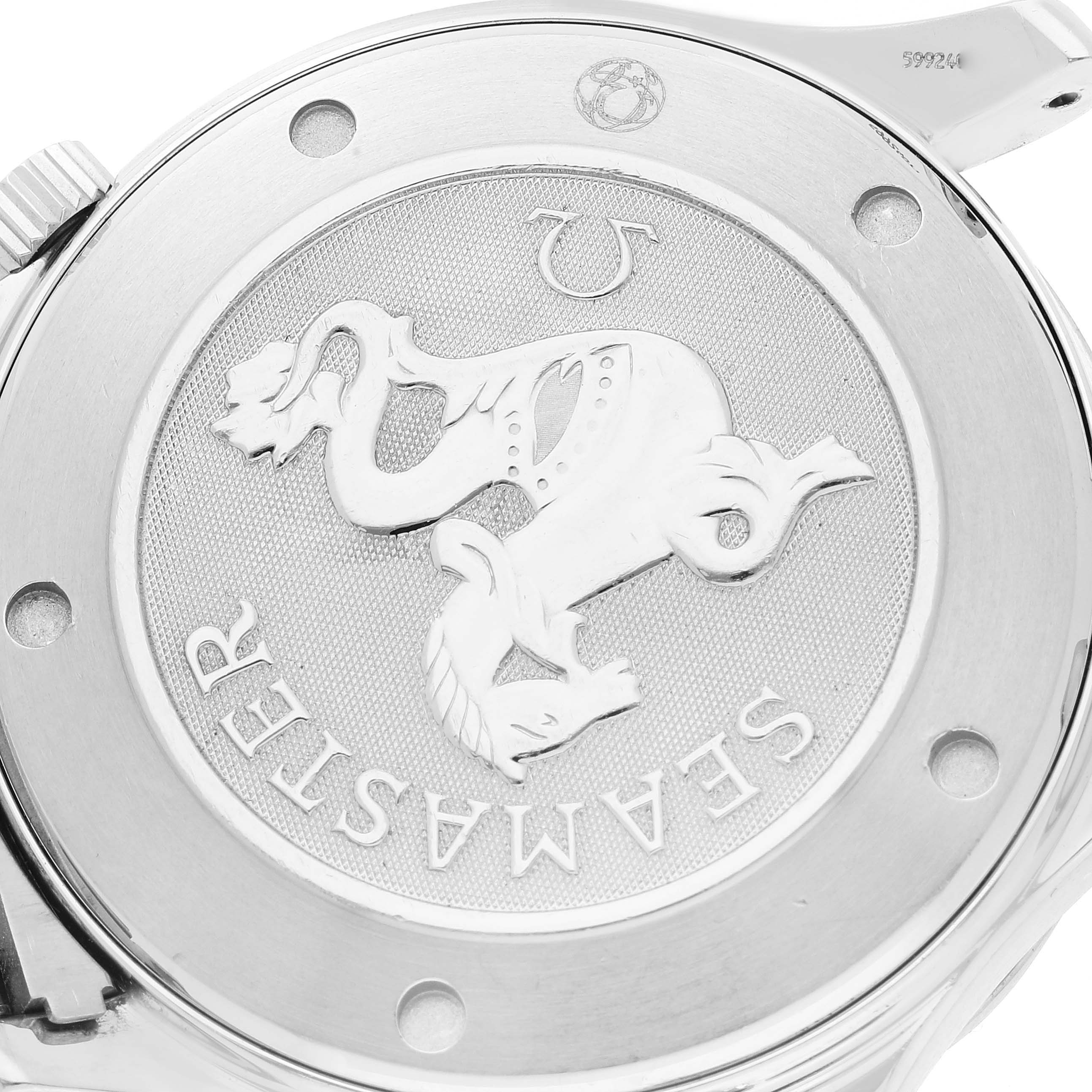 This image shows the case back of an Omega Seamaster 2221.80.00 Men's Stainless Steel Blue Dial 2221.80.00 Men's Stainless Steel Blue Dial watch featuring the model's engraved emblem.