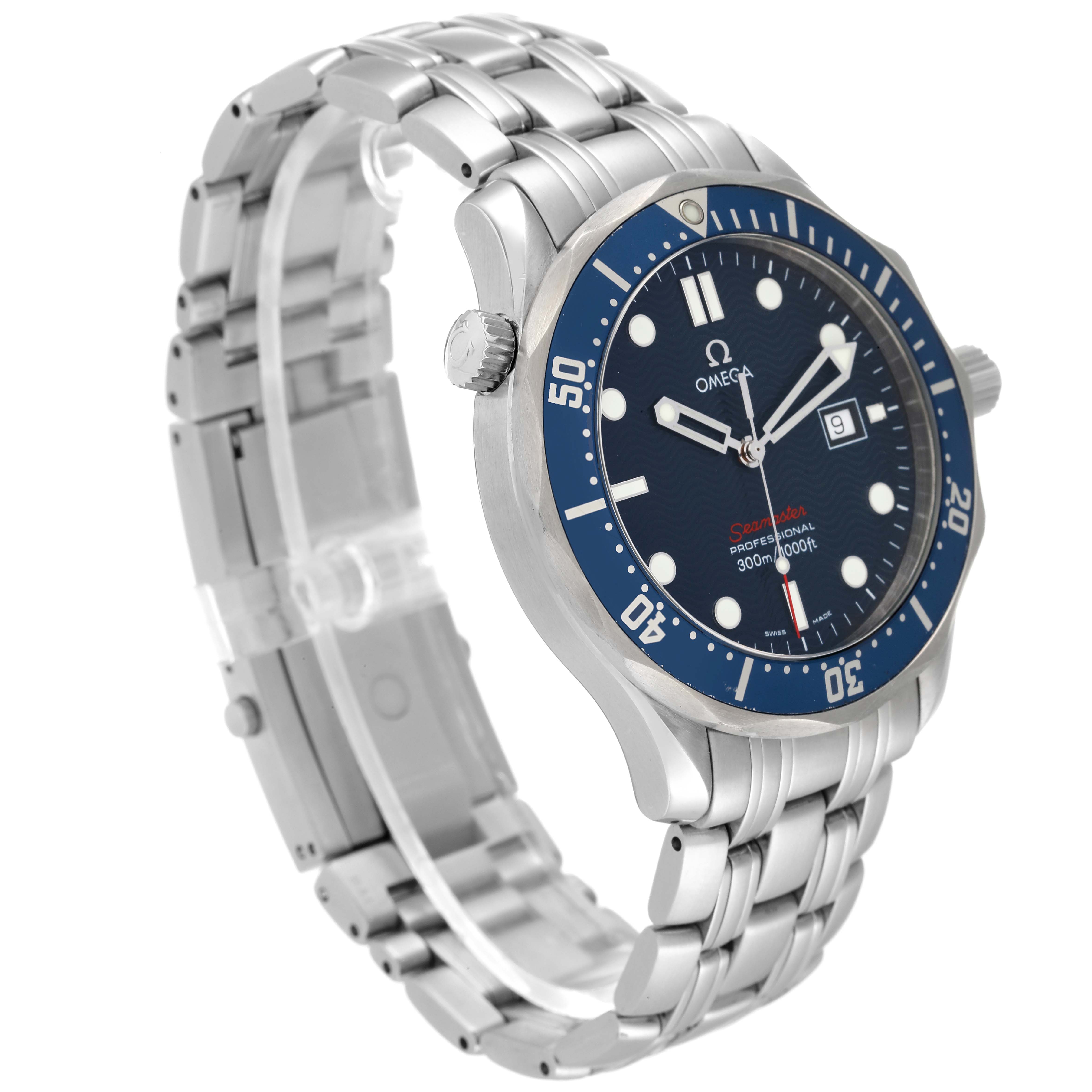 A side view of an Omega Seamaster 2221.80.00 Men's Stainless Steel Blue Dial 2221.80.00 Men's Stainless Steel Blue Dial watch shows the face, bezel, crown, and stainless steel bracelet.
