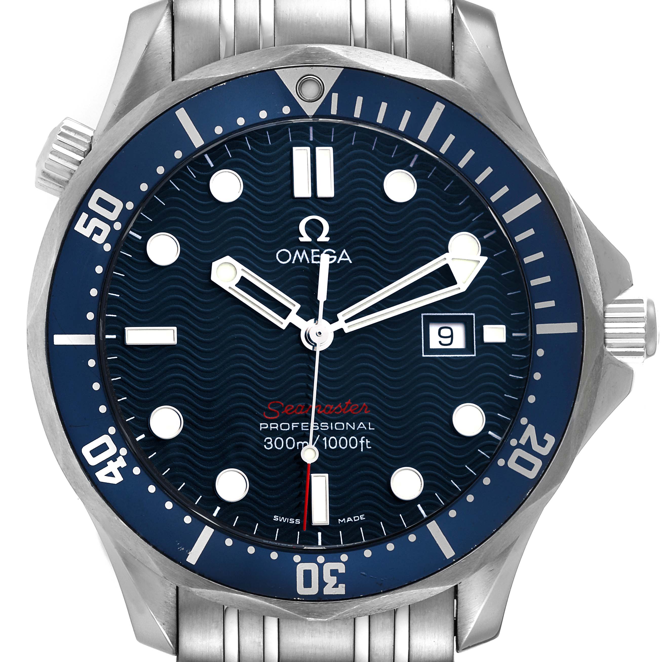 The image shows a front view of the Omega Seamaster 2221.80.00 Men's Stainless Steel Blue Dial 2221.80.00 Men's Stainless Steel Blue Dial watch, highlighting the dial, bezel, hands, and part of the metal band.