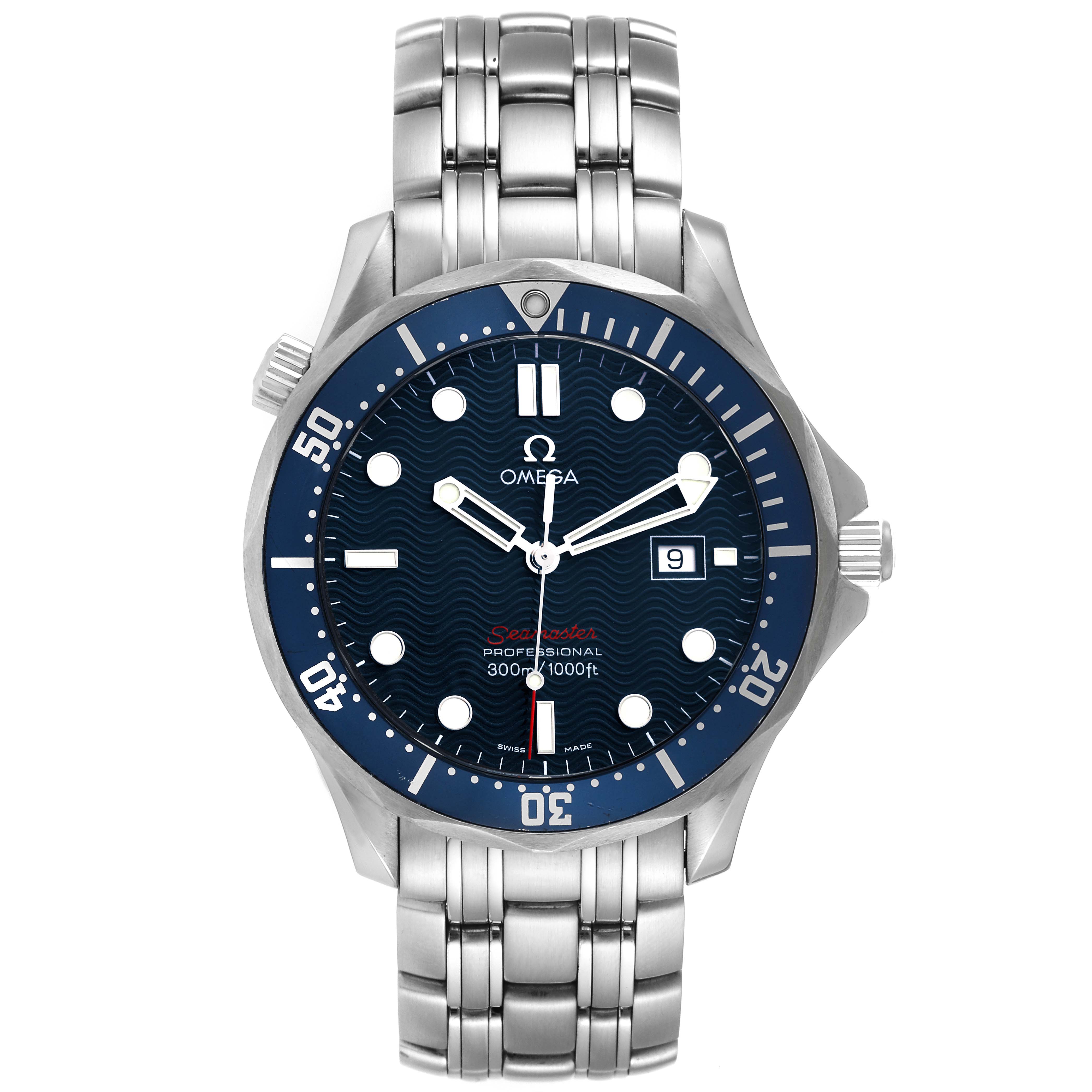 The image shows a front view of an Omega Seamaster 2221.80.00 Men's Stainless Steel Blue Dial 2221.80.00 Men's Stainless Steel Blue Dial watch, highlighting its blue dial, bezel, hands, and stainless steel bracelet.