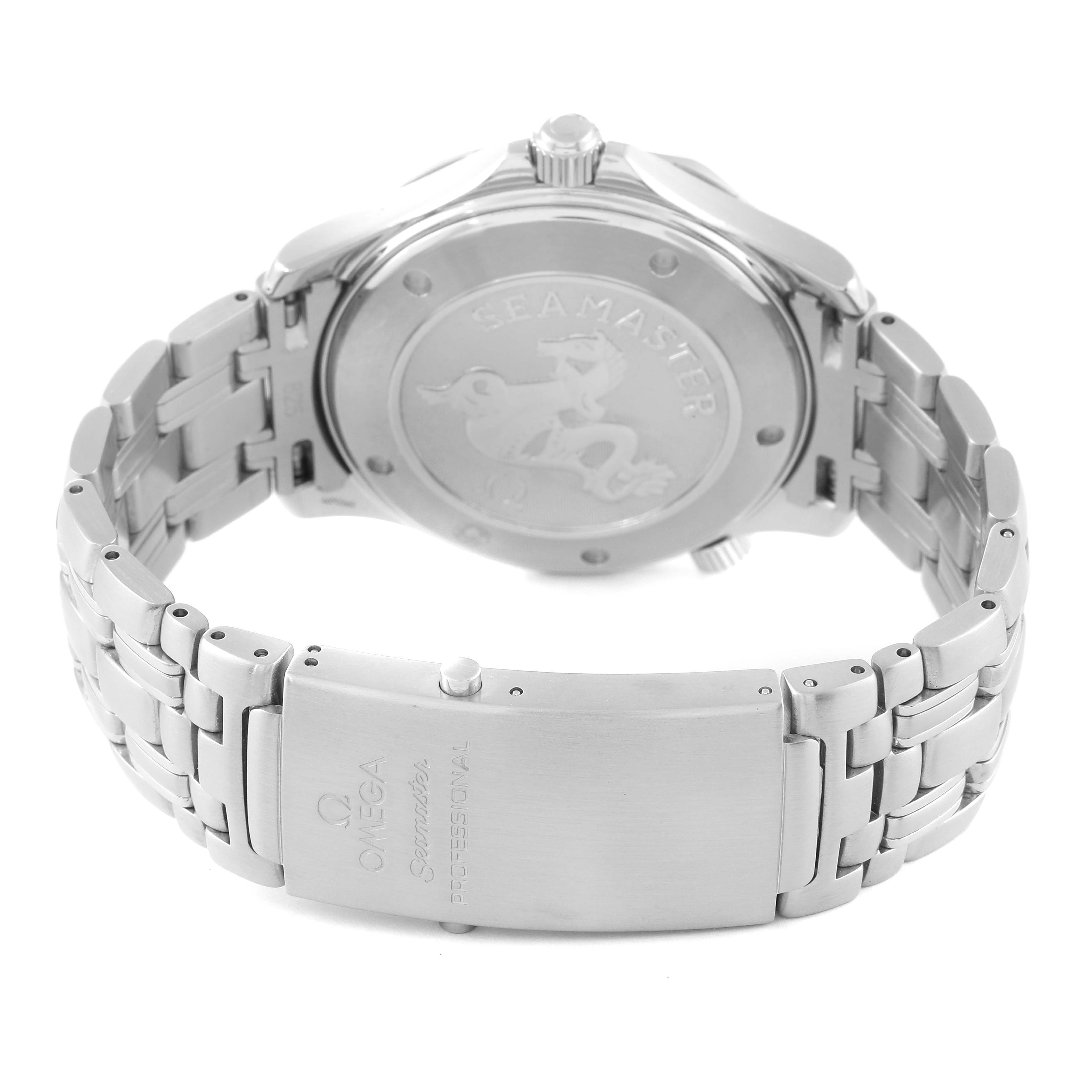 The image shows the back and clasp of the Omega Seamaster 2221.80.00 Men's Stainless Steel Blue Dial 2221.80.00 Men's Stainless Steel Blue Dial watch at a rear angle.