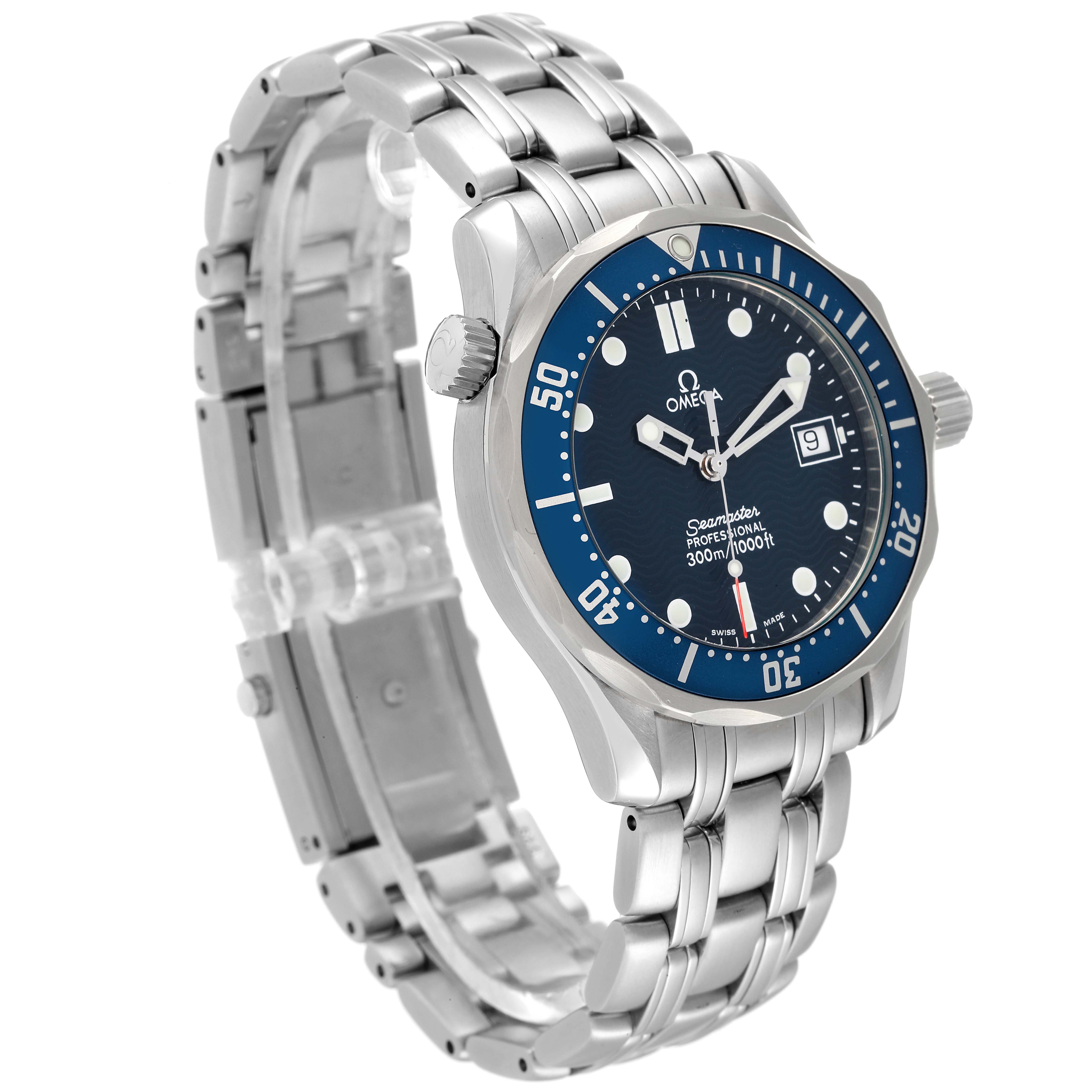 The image shows a side and front angle of the Omega Seamaster 2561.80.00 Men's Stainless Steel Blue Dial 2561.80.00 Men's Stainless Steel Blue Dial watch, highlighting its stainless steel bracelet, blue dial, and bezel.
