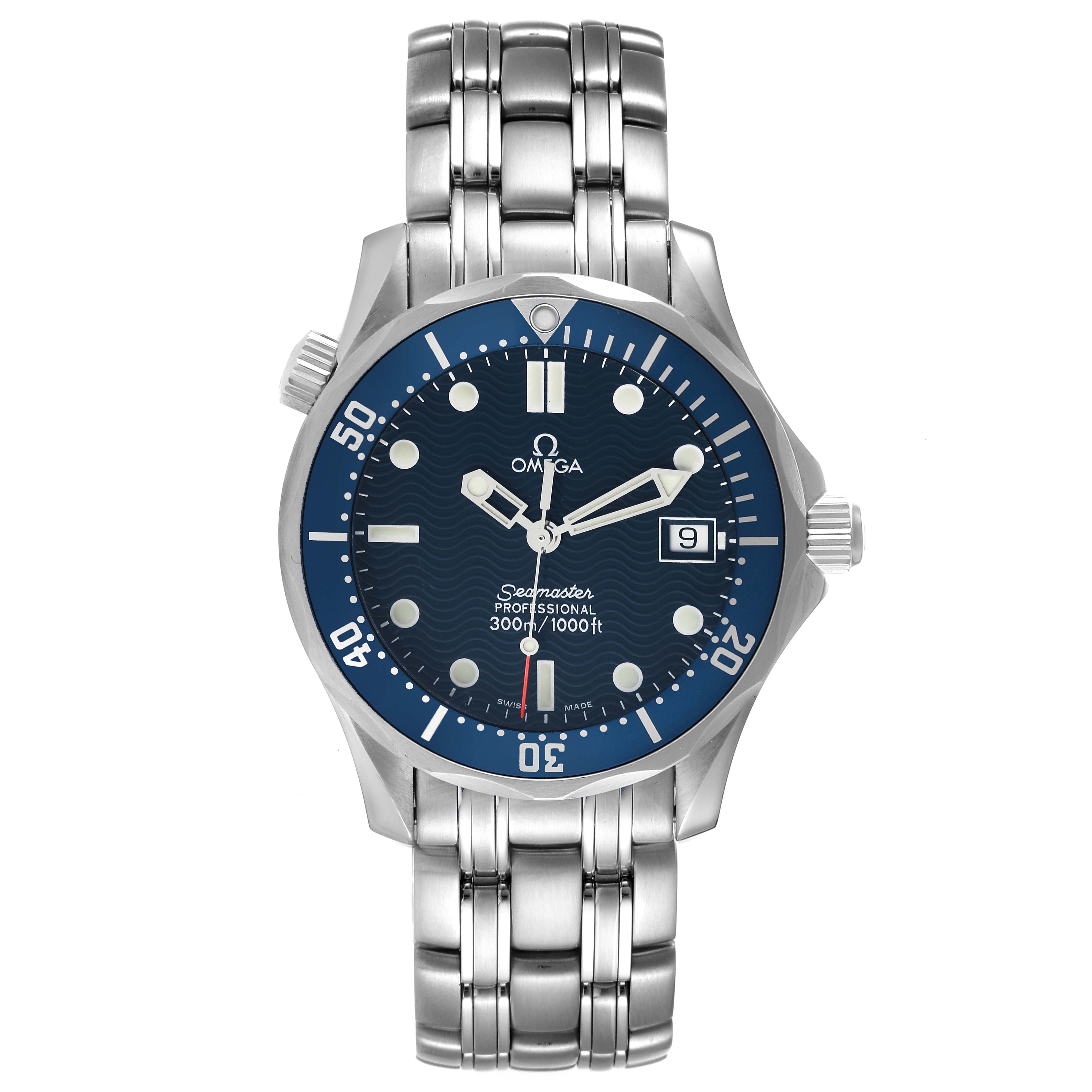 The image shows a front view of an Omega Seamaster 2561.80.00 Men's Stainless Steel Blue Dial 2561.80.00 Men's Stainless Steel Blue Dial watch, highlighting its blue dial, bezel, and stainless steel bracelet.