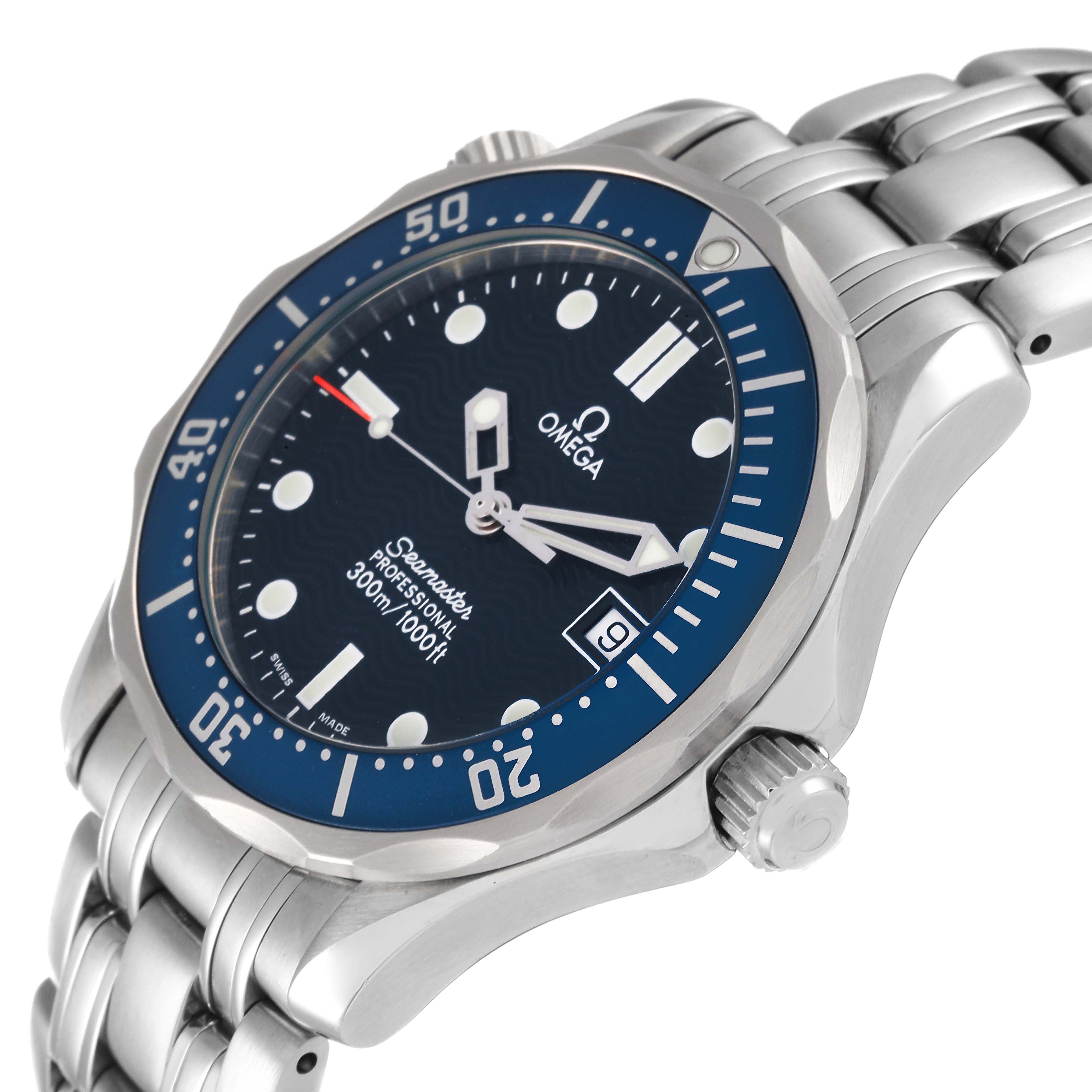 The Omega Seamaster 2561.80.00 Men's Stainless Steel Blue Dial 2561.80.00 Men's Stainless Steel Blue Dial watch is shown at a slight angle, revealing the dial, bezel, bracelet, and crown.