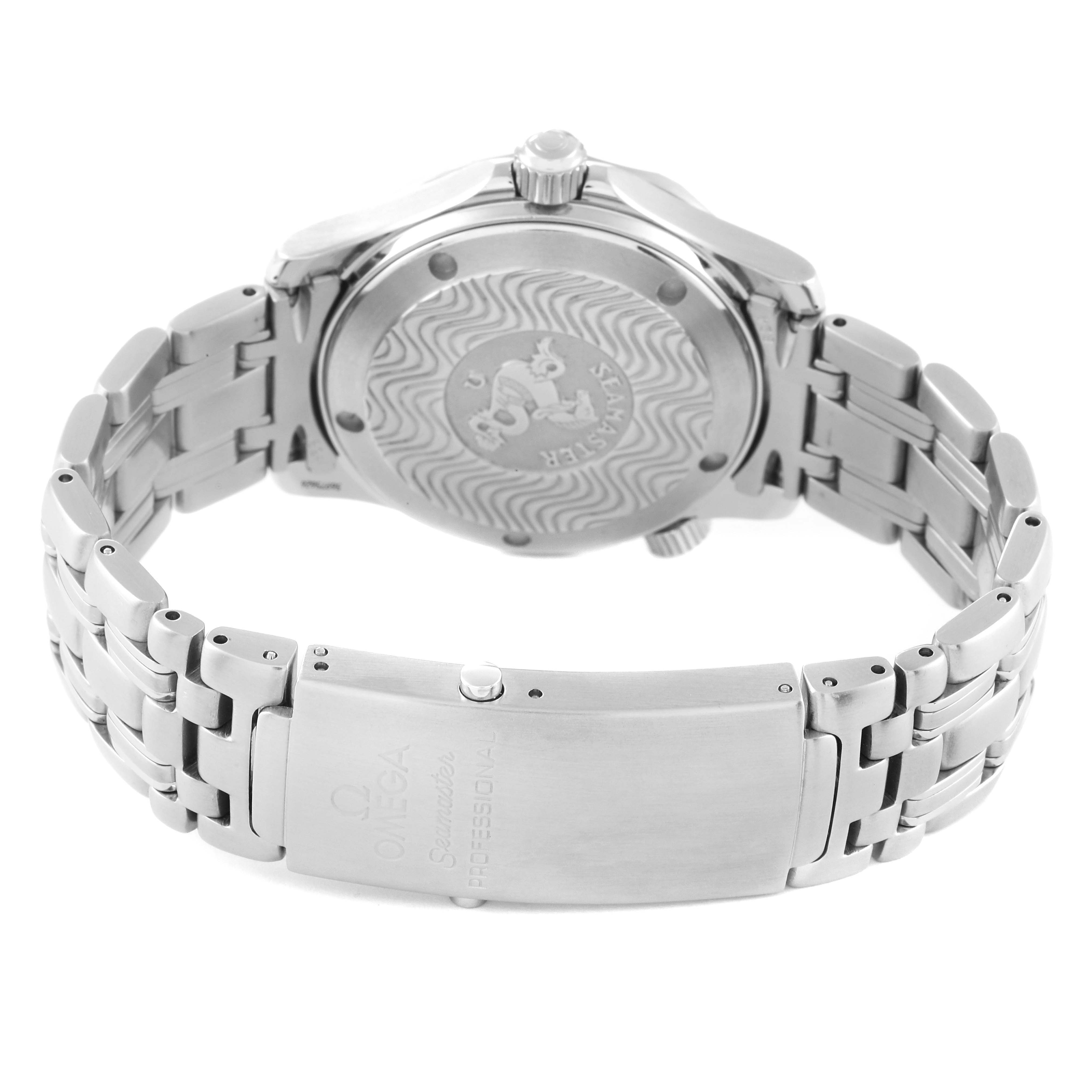 The image shows the back view and bracelet of the Omega Seamaster 2561.80.00 Men's Stainless Steel Blue Dial 2561.80.00 Men's Stainless Steel Blue Dial, highlighting the clasp and engraved case back.
