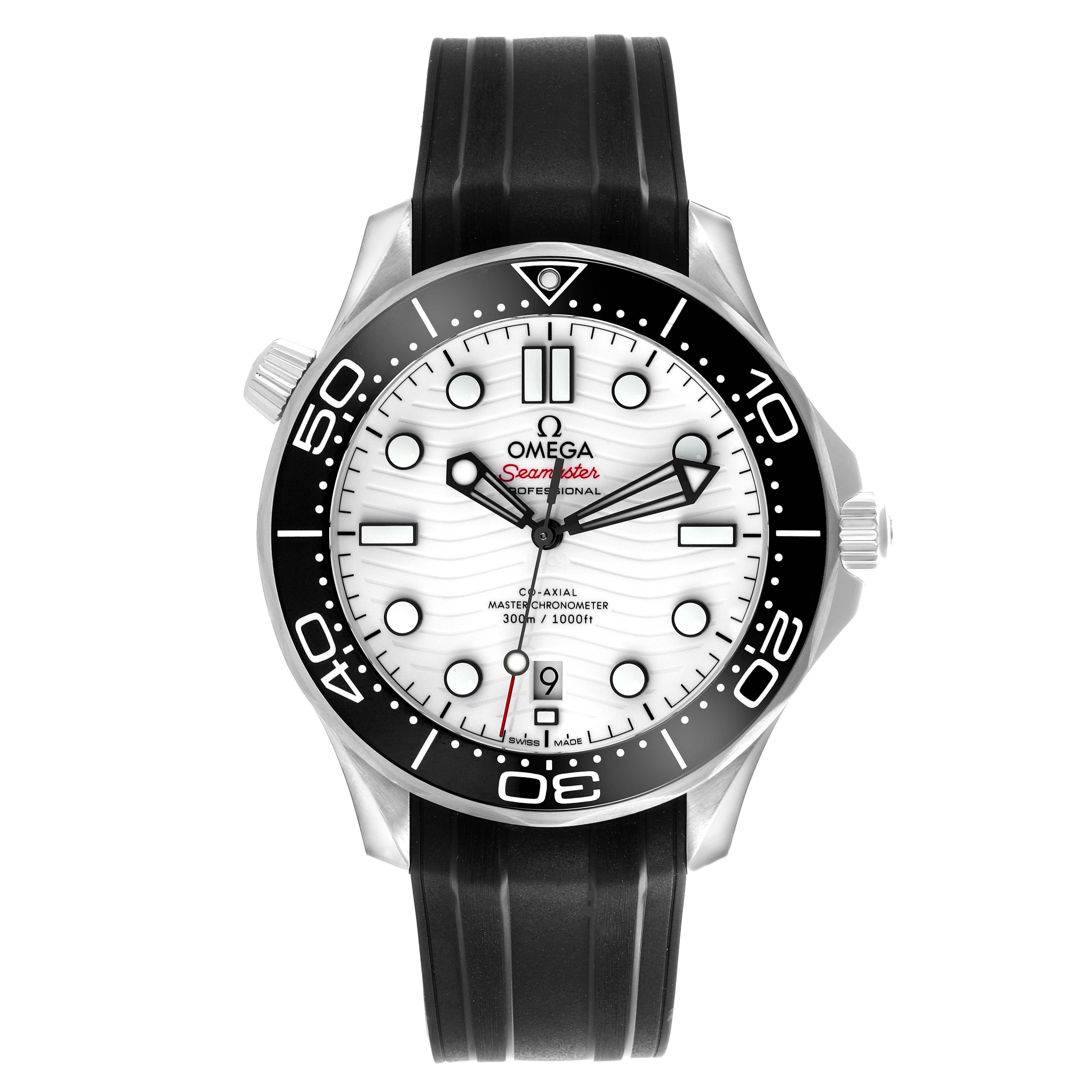 The image shows a front view of the Omega Seamaster 210.32.42.20.04.001 Men's Stainless Steel White Dial 210.32.42.20.04.001 Men's Stainless Steel White Dial model, highlighting the dial, bezel, and rubber strap.