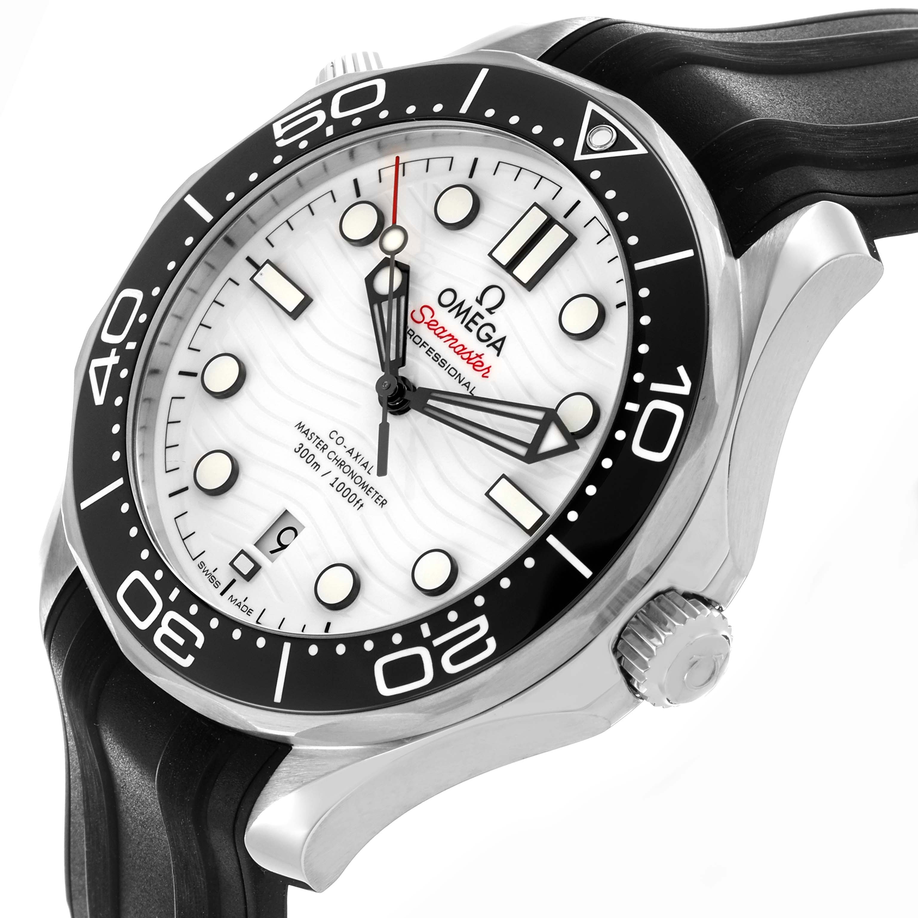 The Omega Seamaster 210.32.42.20.04.001 Men's Stainless Steel White Dial 210.32.42.20.04.001 Men's Stainless Steel White Dial is shown at an angled side view, displaying its bezel, crown, and part of the strap.