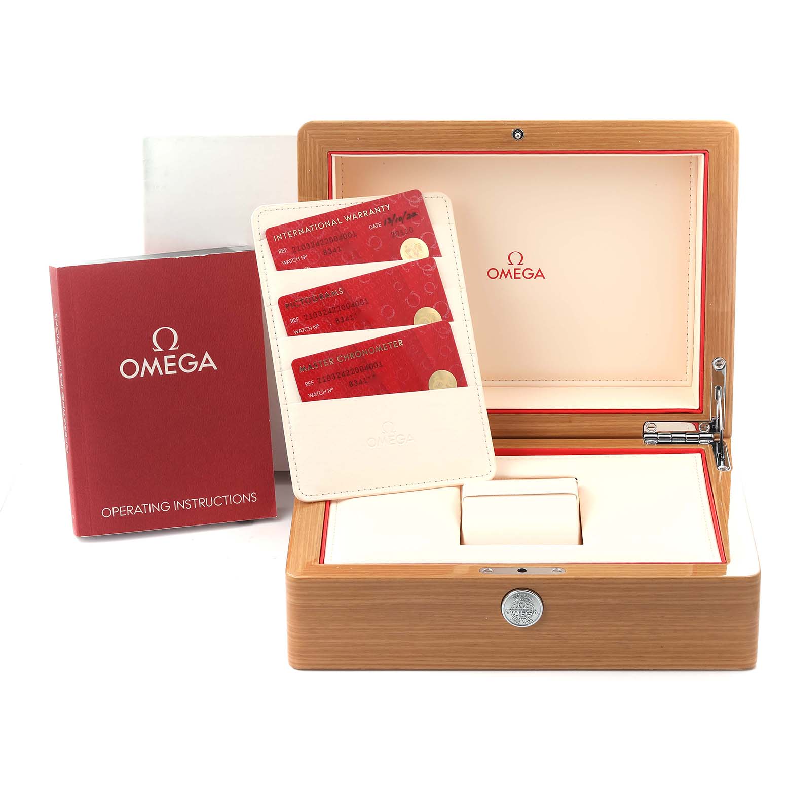 The image shows an Omega Seamaster 210.32.42.20.04.001 Men's Stainless Steel White Dial 210.32.42.20.04.001 Men's Stainless Steel White Dial box set with operating instructions and warranty cards, but no watch in view.