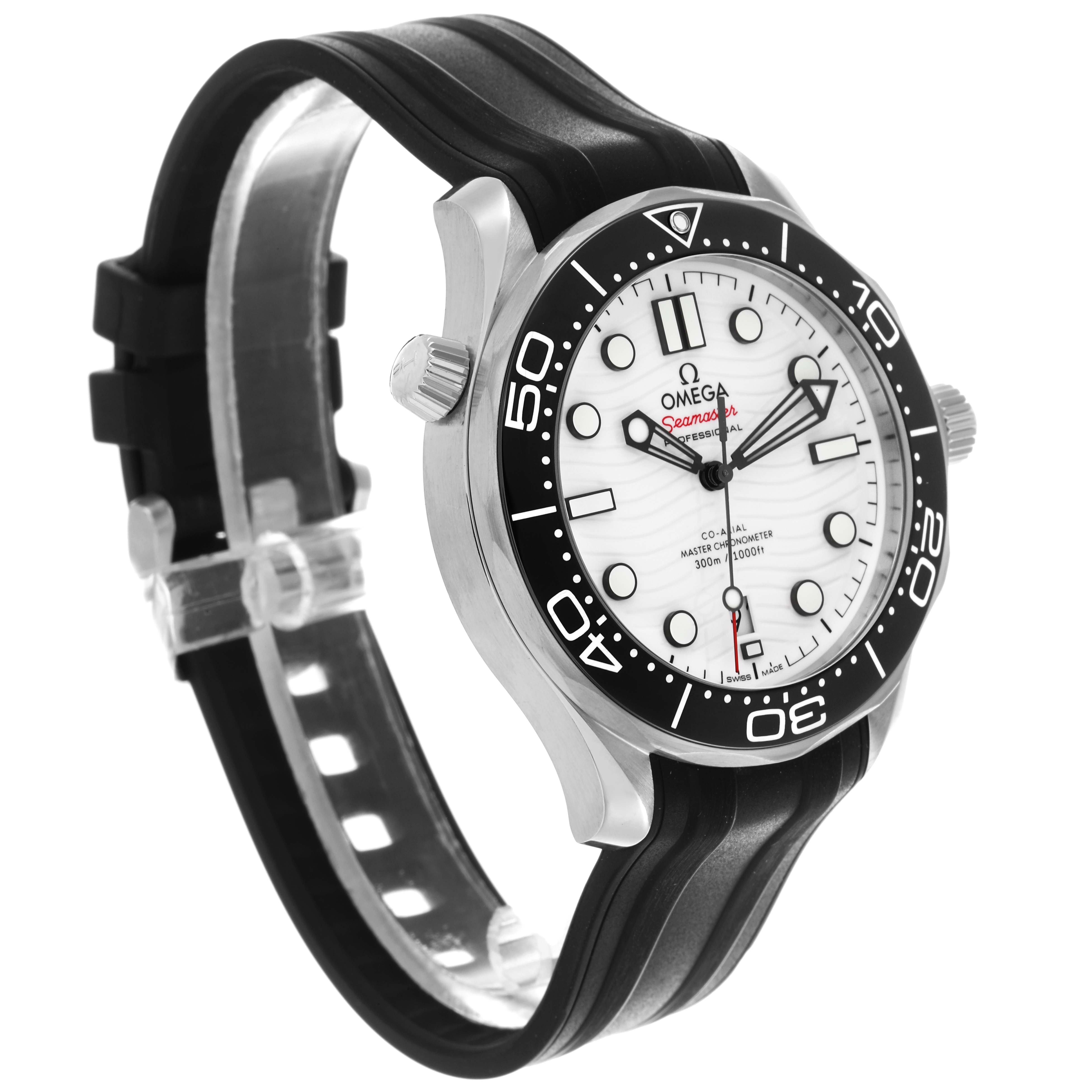 The Omega Seamaster 210.32.42.20.04.001 Men's Stainless Steel White Dial 210.32.42.20.04.001 Men's Stainless Steel White Dial watch is shown at a slight angle, featuring the face, bezel, case, lugs, and part of the strap.