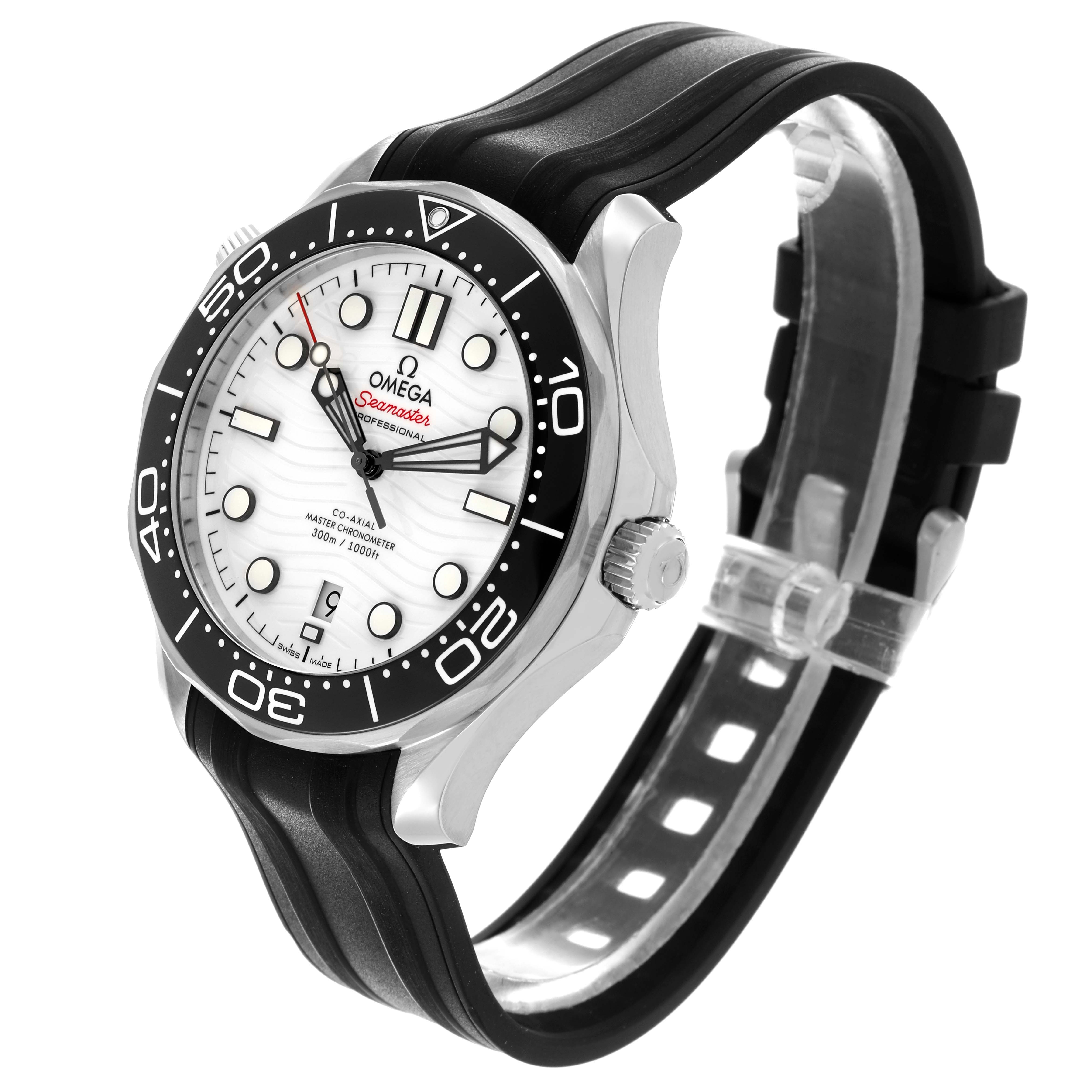 The Omega Seamaster 210.32.42.20.04.001 Men's Stainless Steel White Dial 210.32.42.20.04.001 Men's Stainless Steel White Dial watch is shown at a three-quarter angle highlighting the face, bezel, crown, and rubber strap.