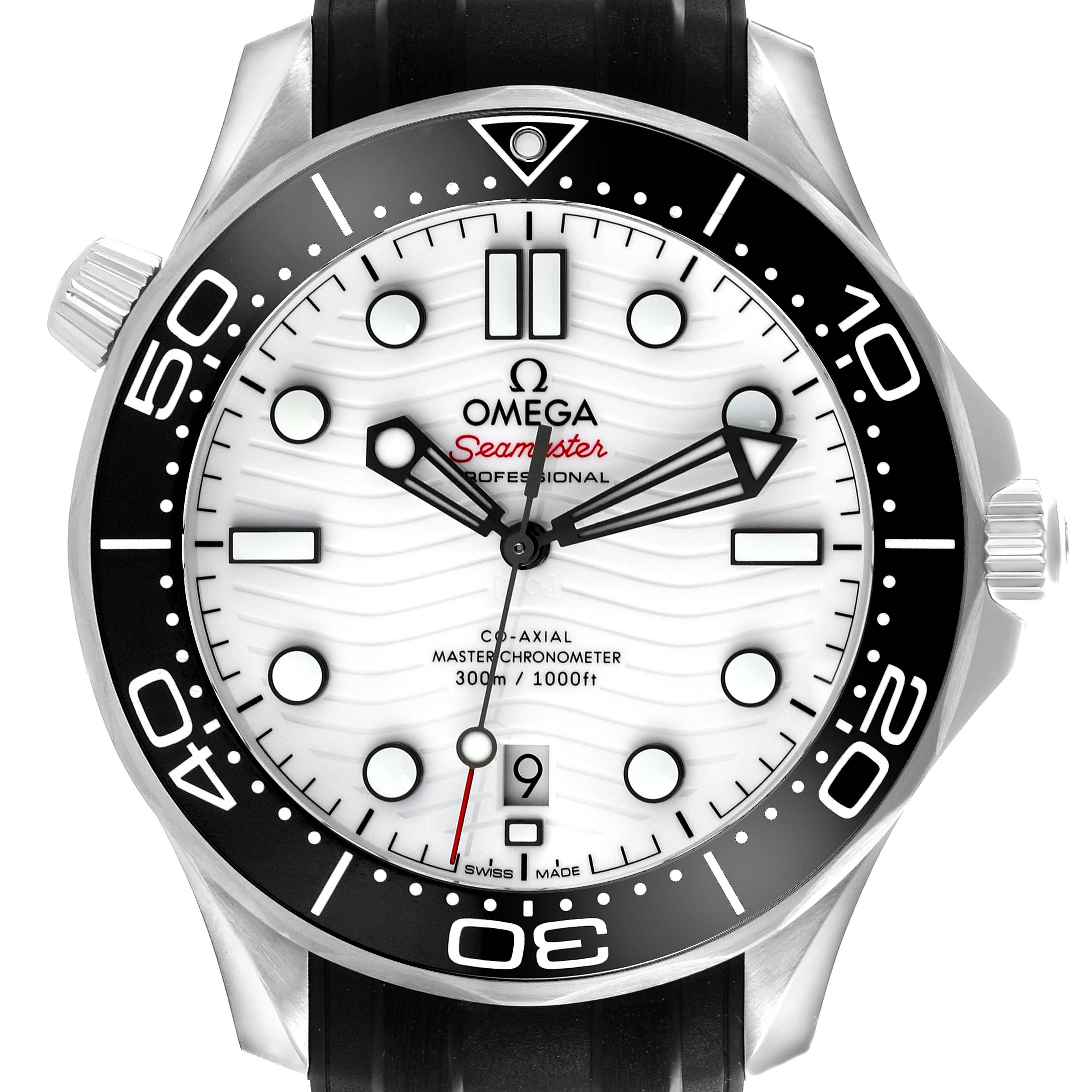 The Omega Seamaster 210.32.42.20.04.001 Men's Stainless Steel White Dial 210.32.42.20.04.001 Men's Stainless Steel White Dial watch is shown from the front, featuring the dial, hands, bezel, and crown.