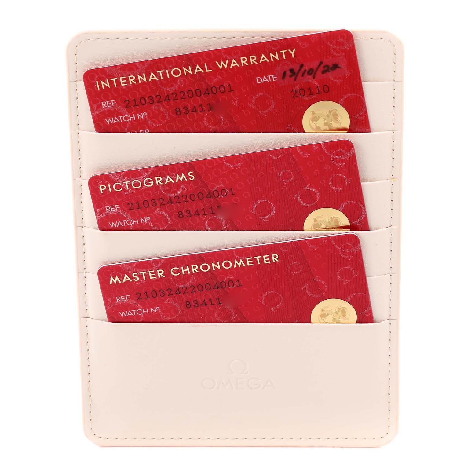 The image shows three warranty and certification cards for the Omega Seamaster 210.32.42.20.04.001 Men's Stainless Steel White Dial 210.32.42.20.04.001 Men's Stainless Steel White Dial in a card holder.